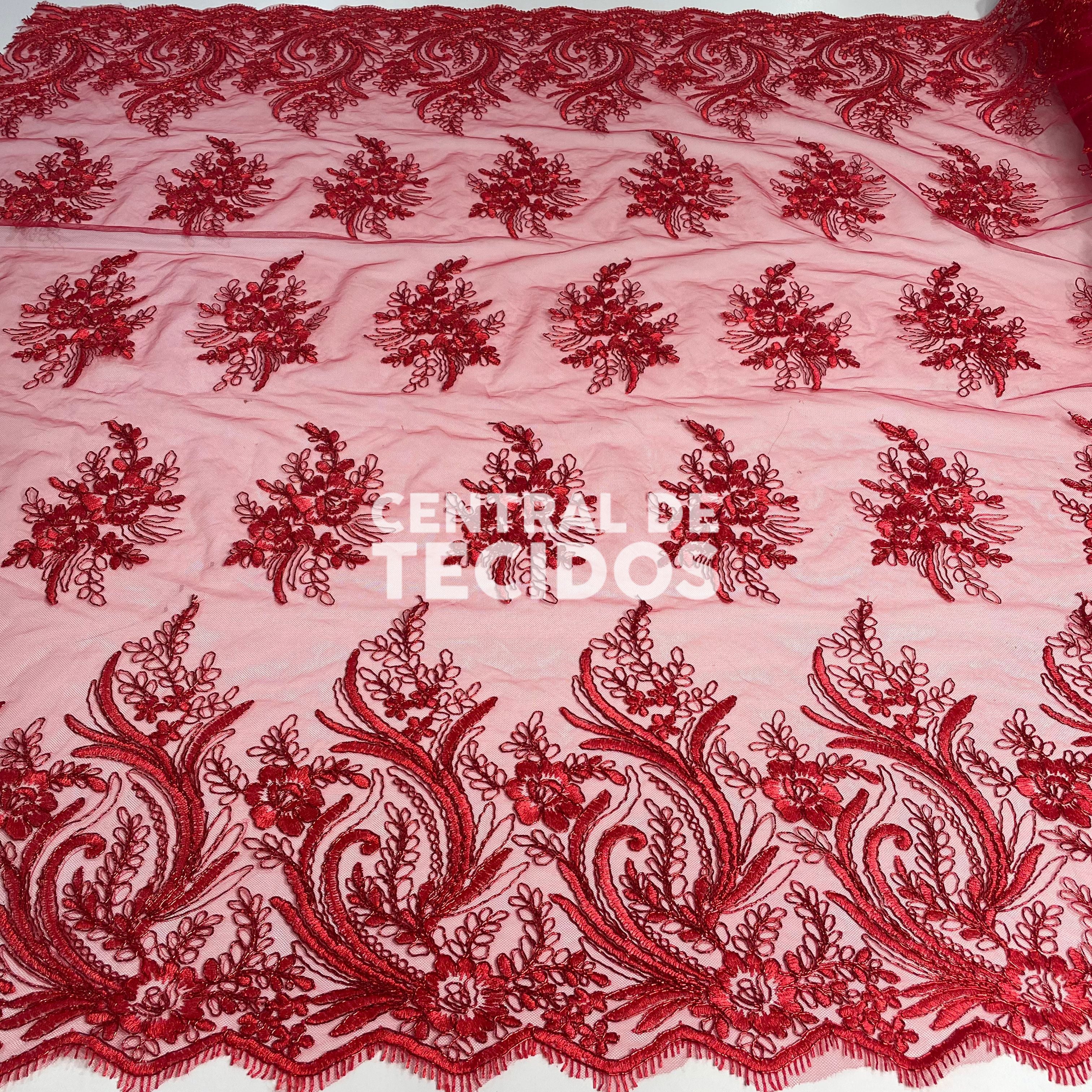Tule Bordado Metalic Vermelho