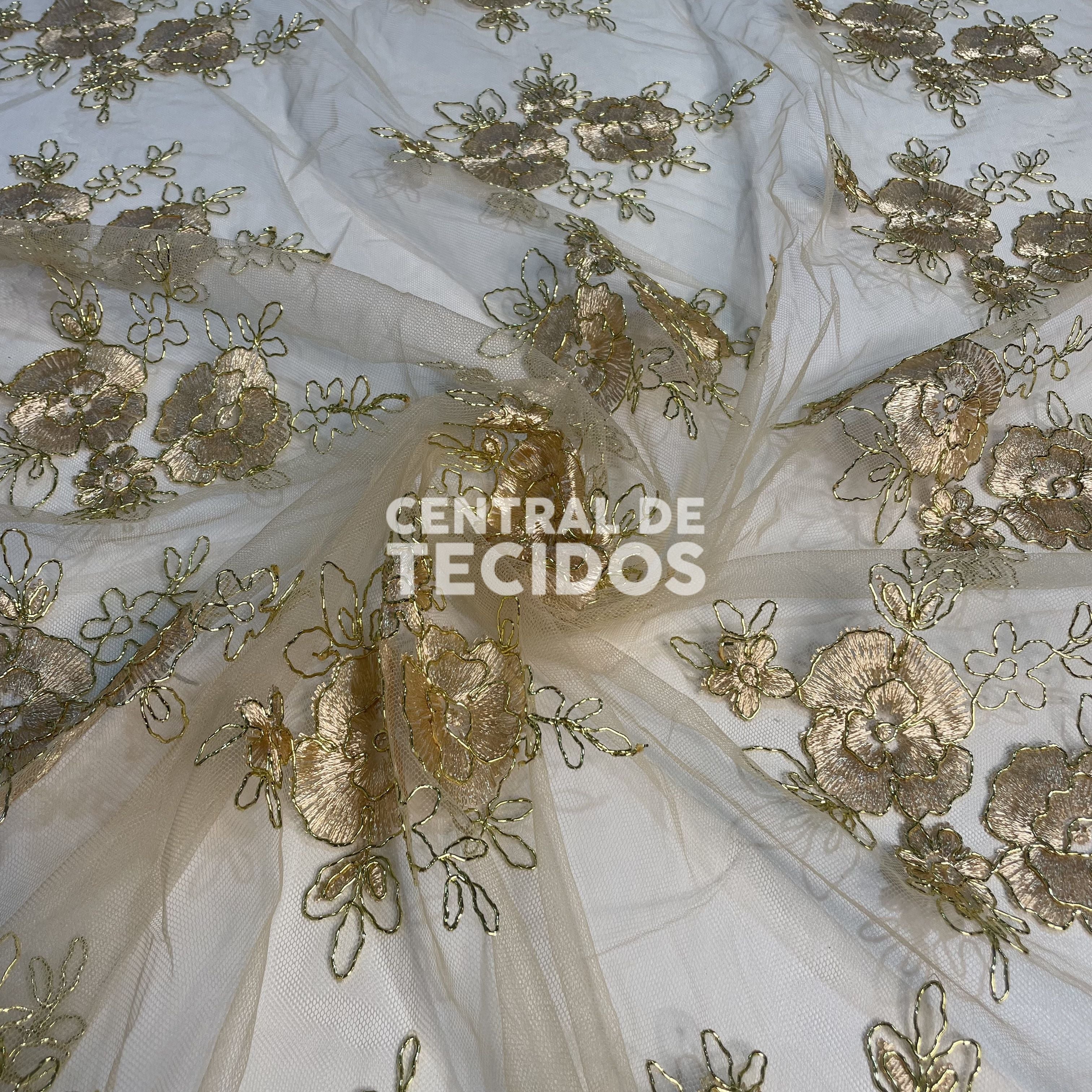 Tule Bordado Metalic Dourado