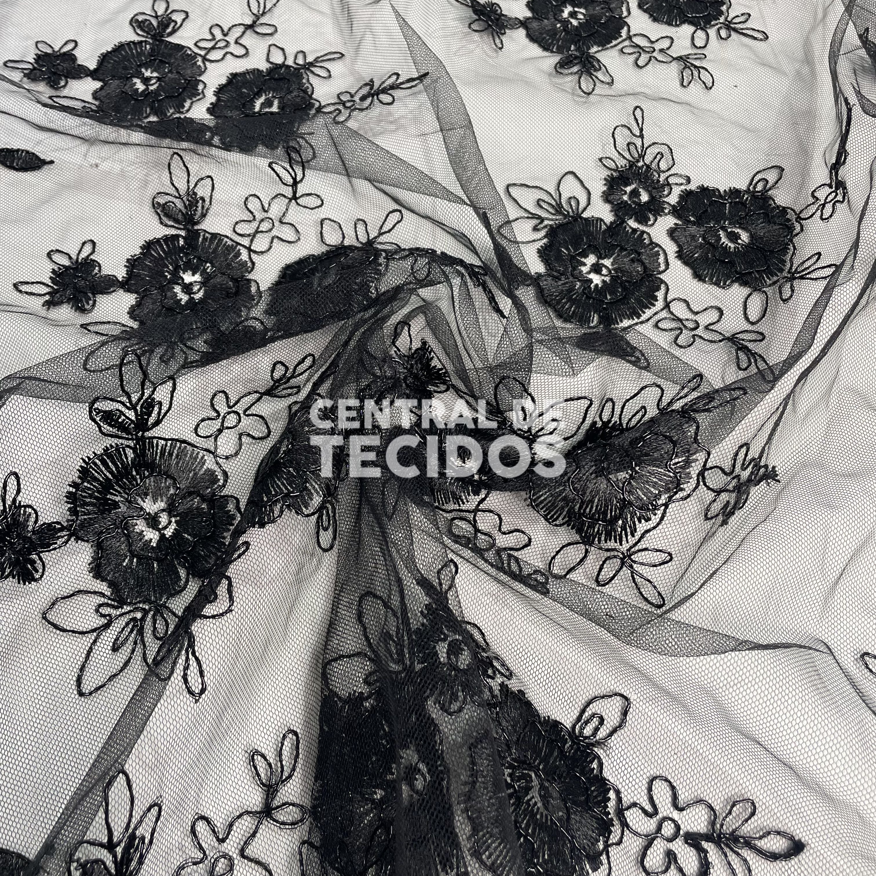 Tule Bordado Metalic Preto