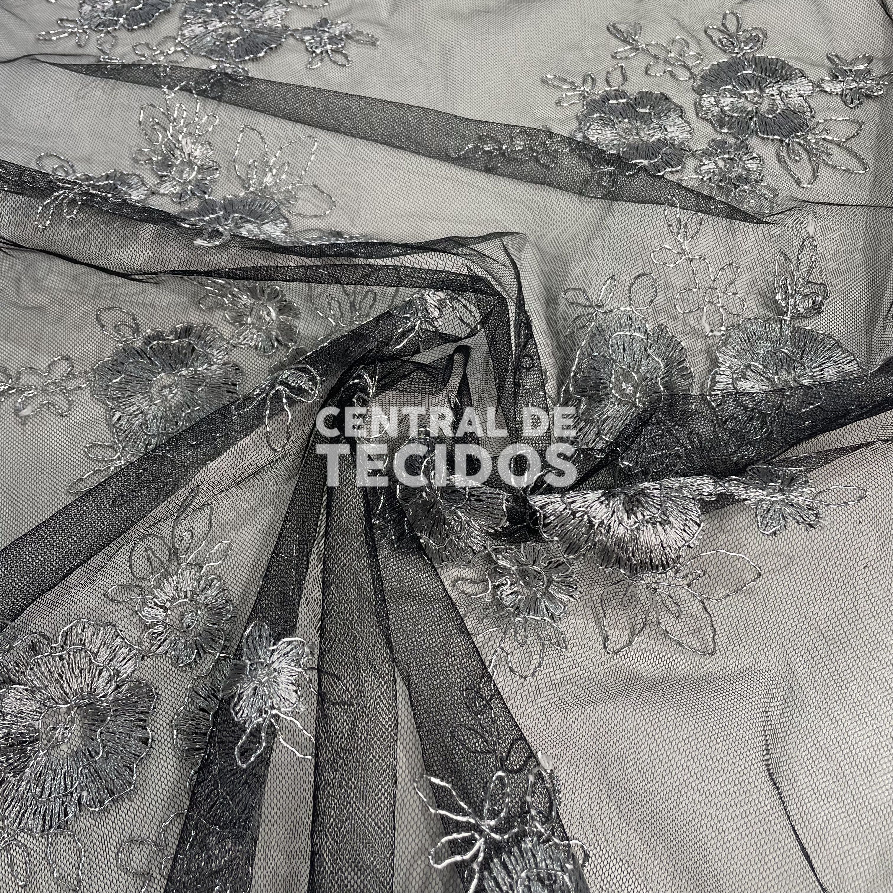 Tule Bordado Metalic Dourado e Preto
