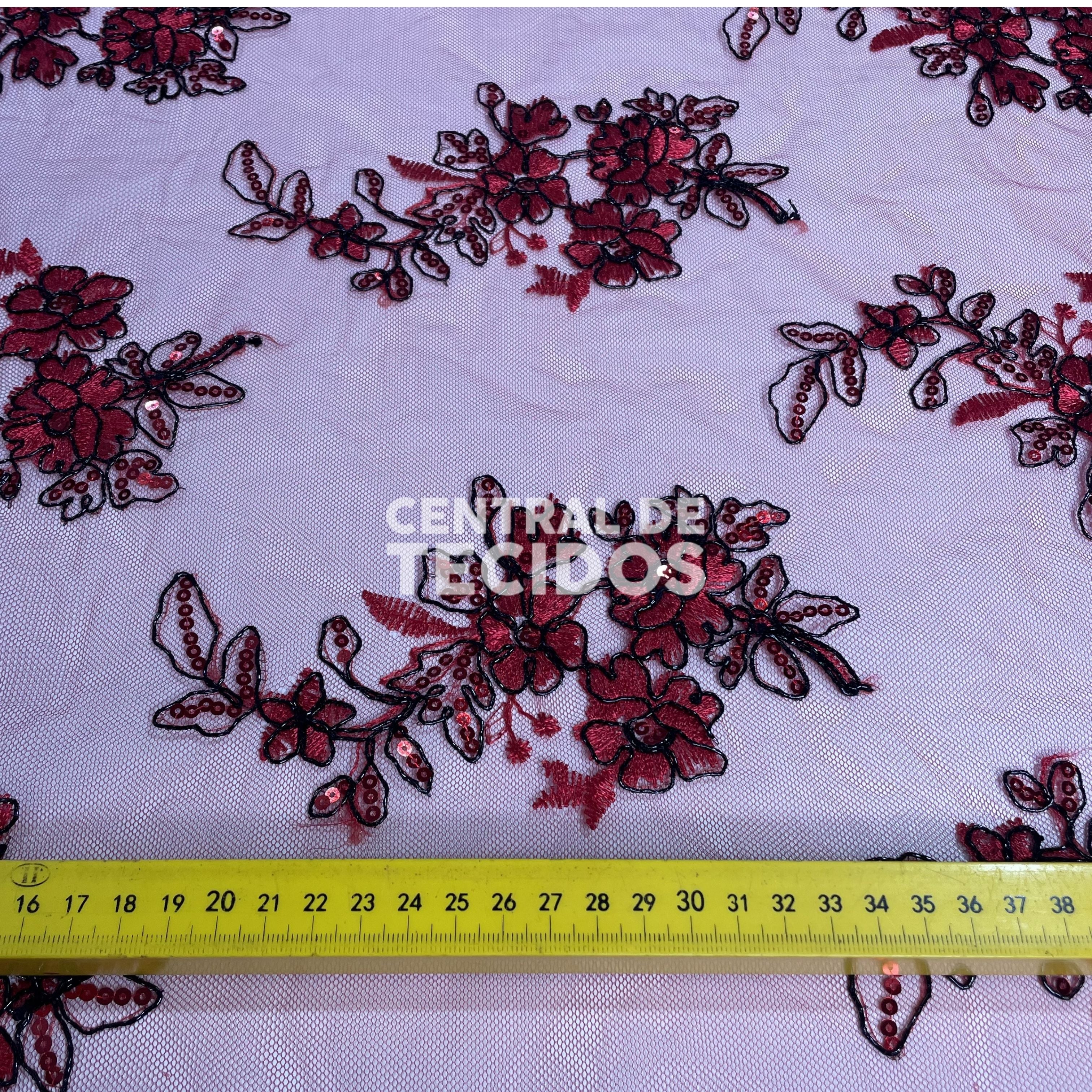 Tule Bordado Soho Vermelho e Preto