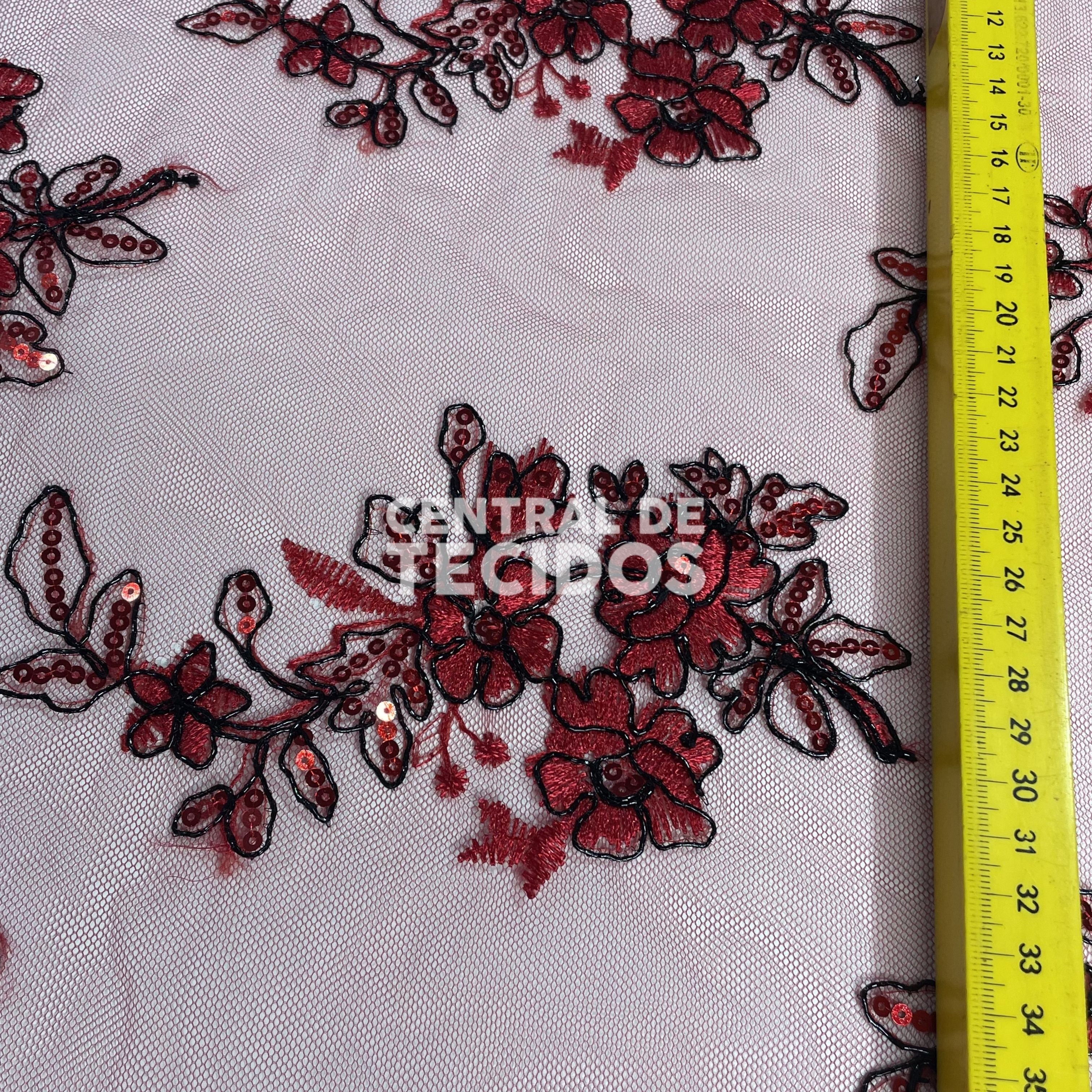 Tule Bordado Soho Vermelho e Preto