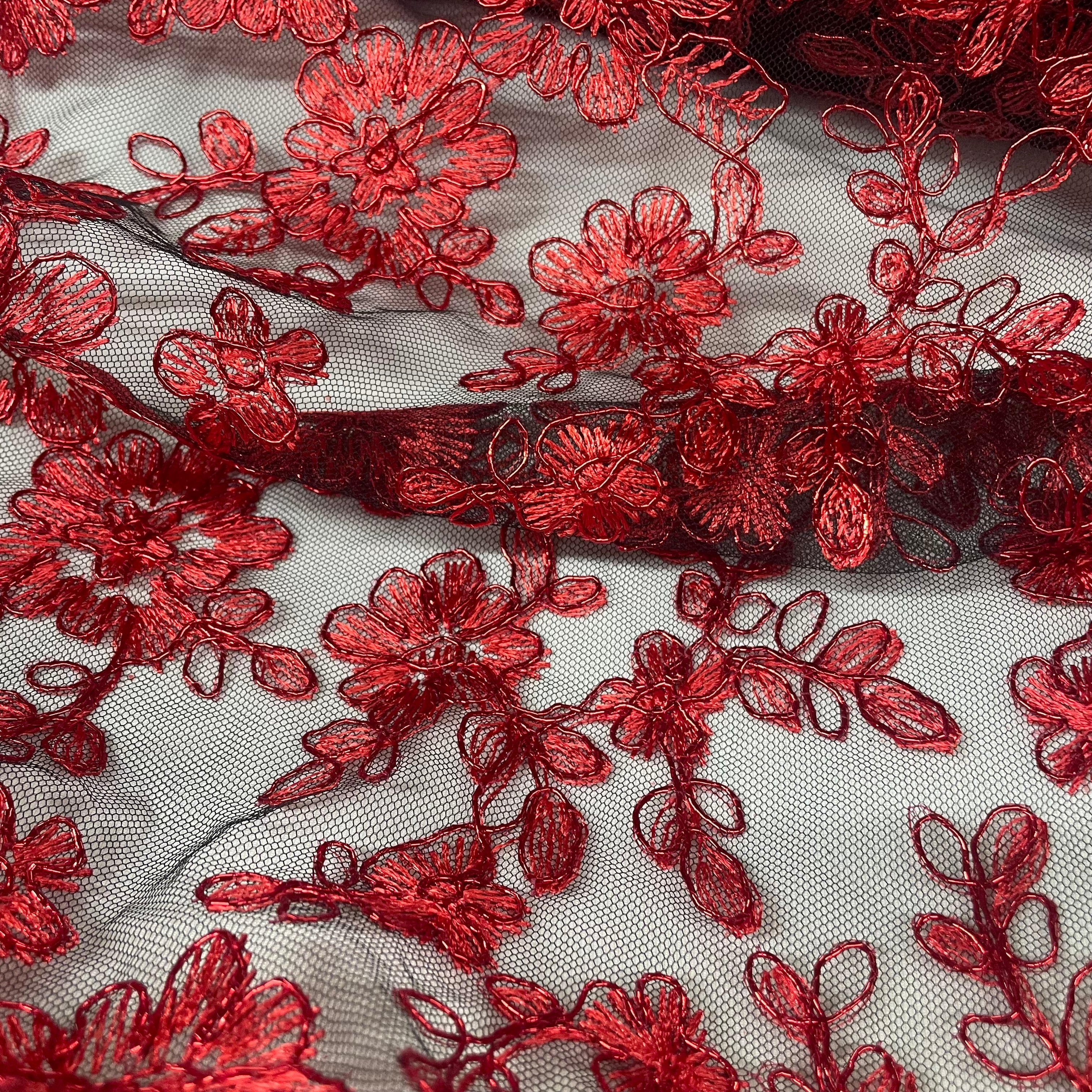 Tule Bordado Metálico GODESS 555 Vermelho e Preto