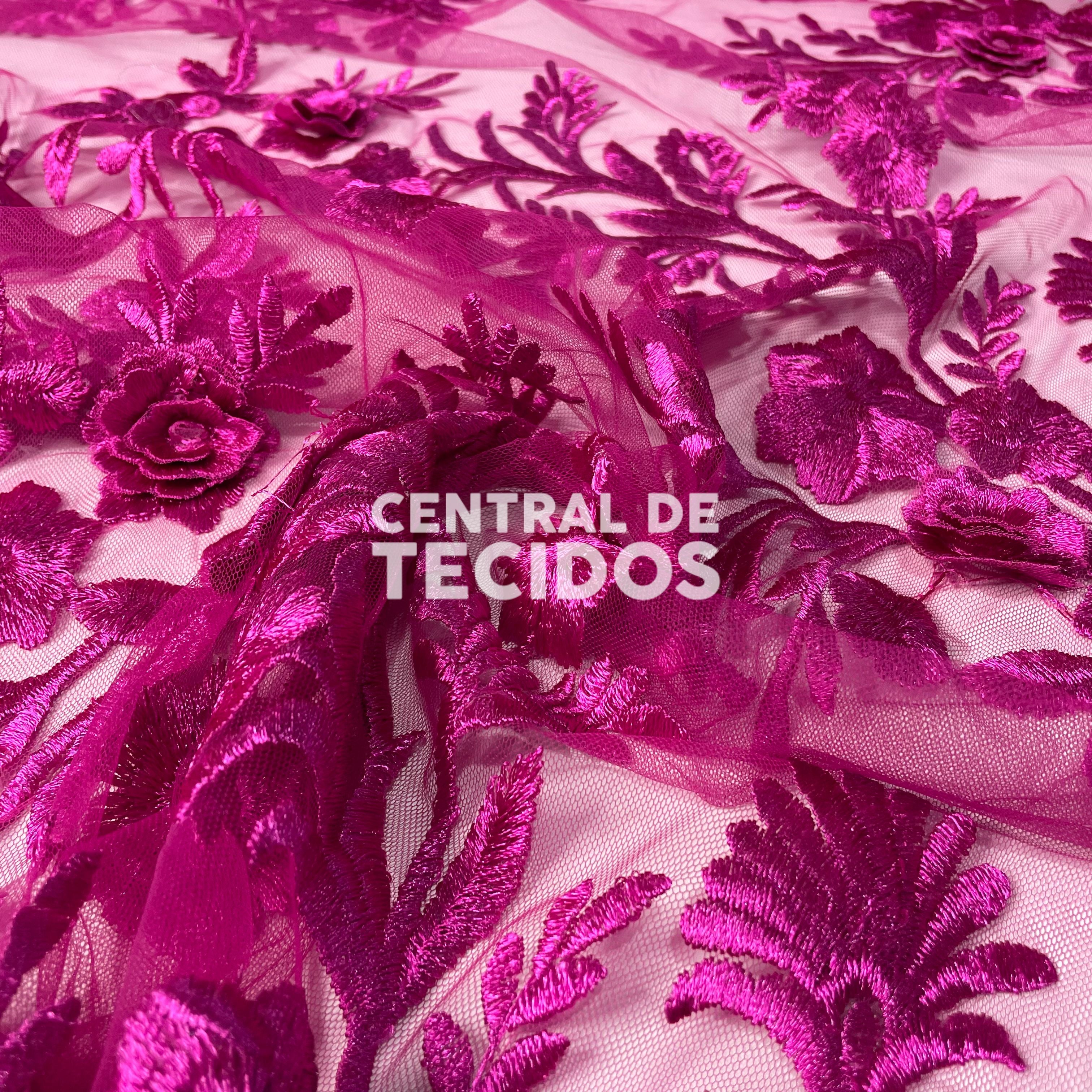 Tule Bordado London 3D Rosa Choque