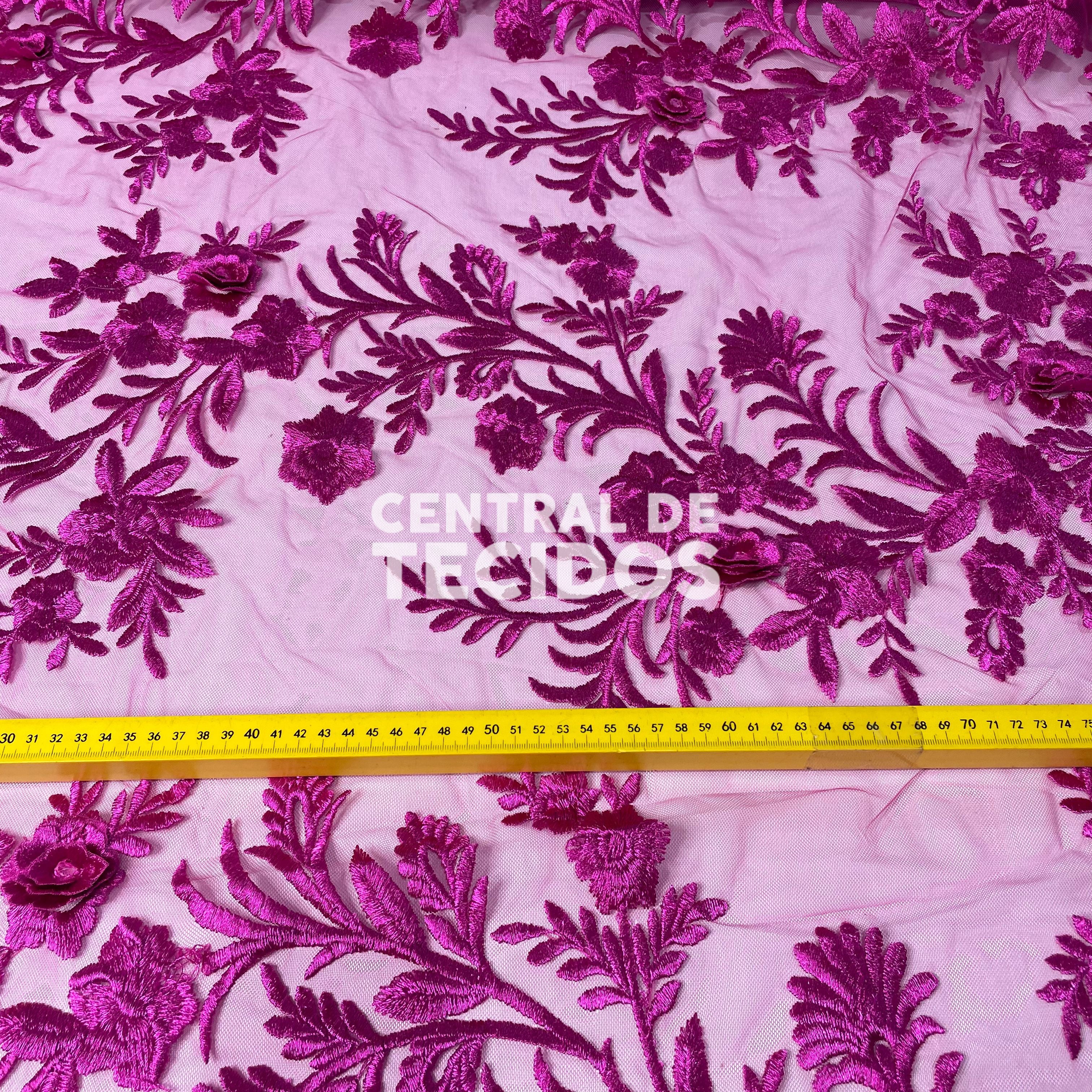 Tule Bordado London 3D Rosa Choque