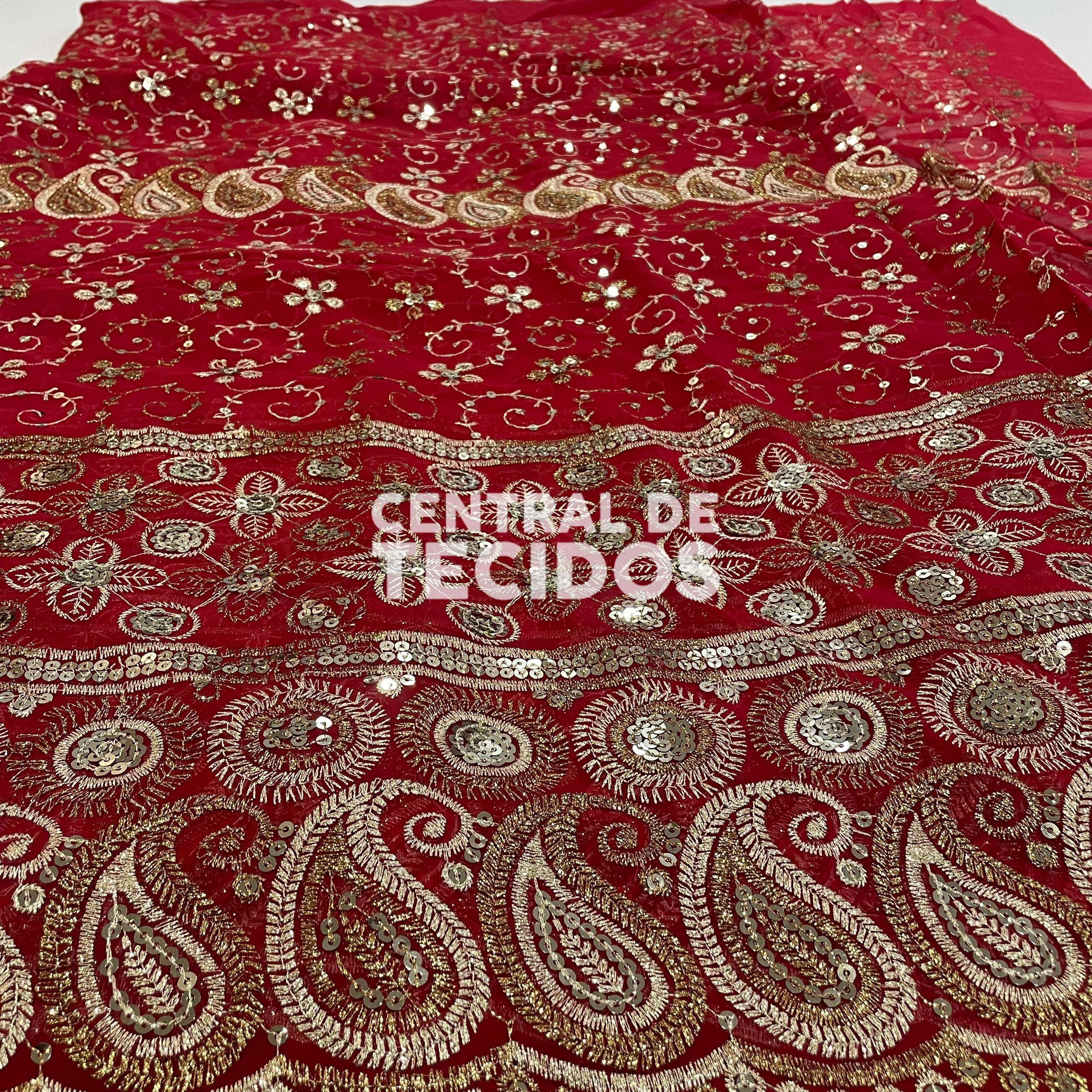 Chiffon Bordado Indiano Vermelho