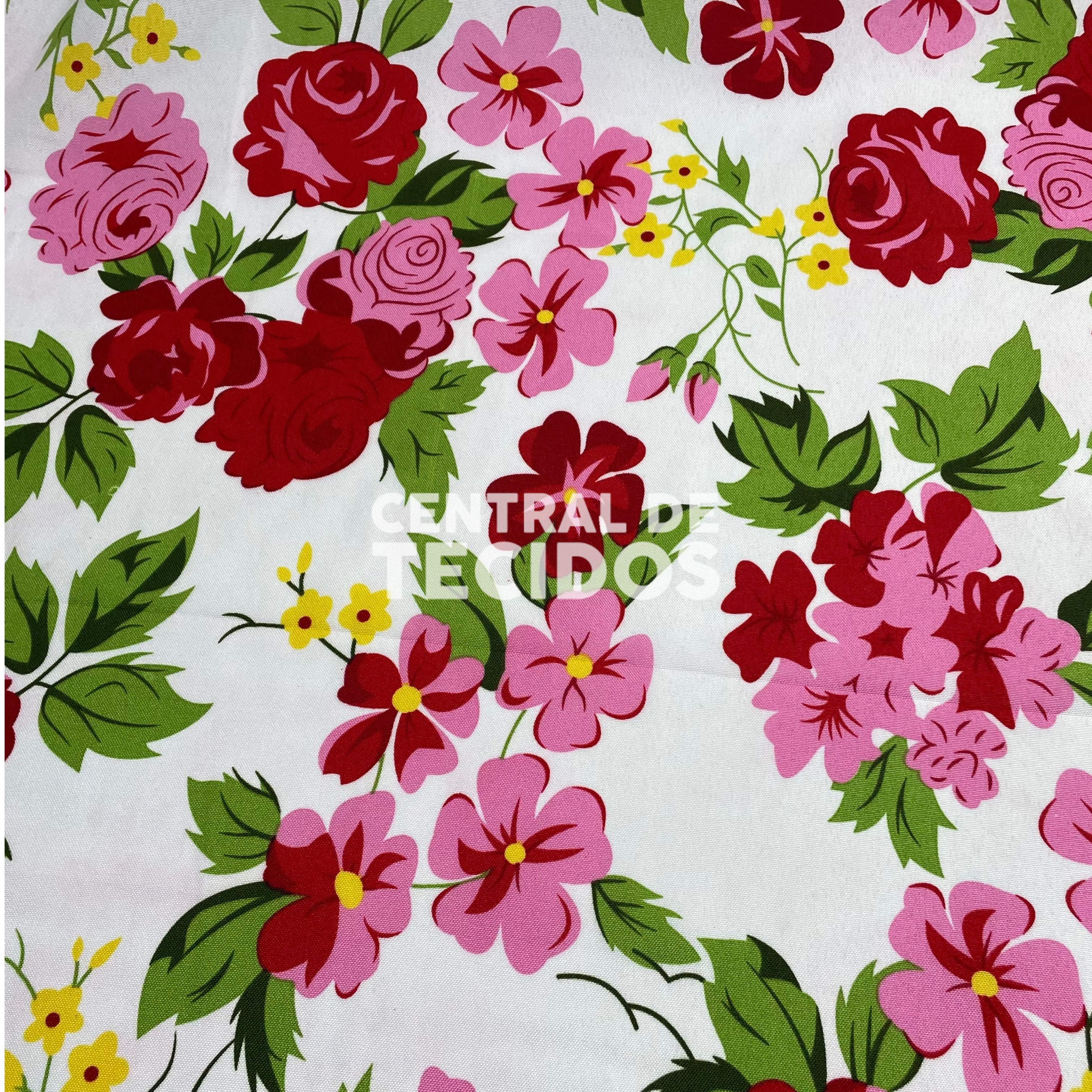 Oxford Estampado Flores Vermelhas e Rosas