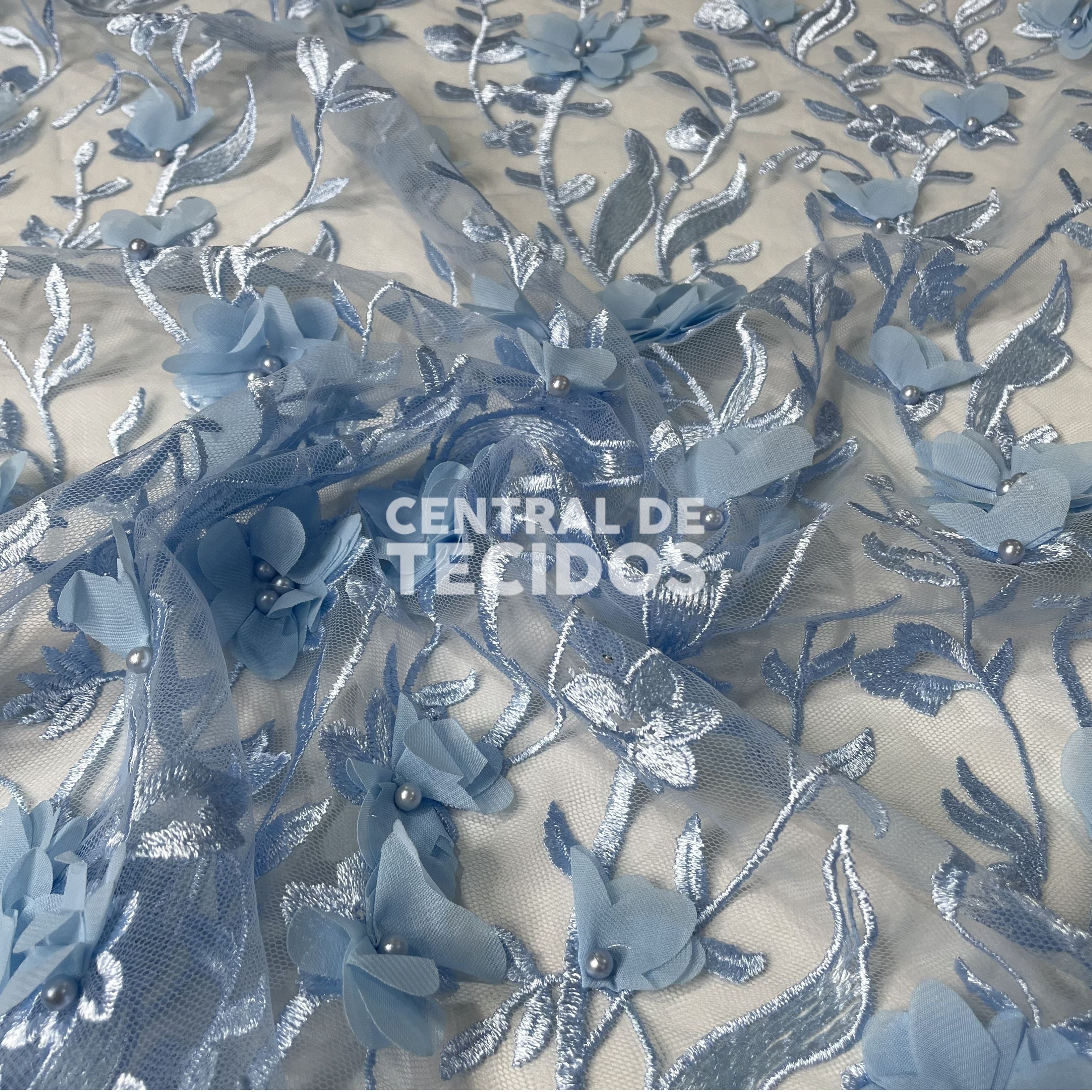 Tule Design Floral 3D Azul Bebê