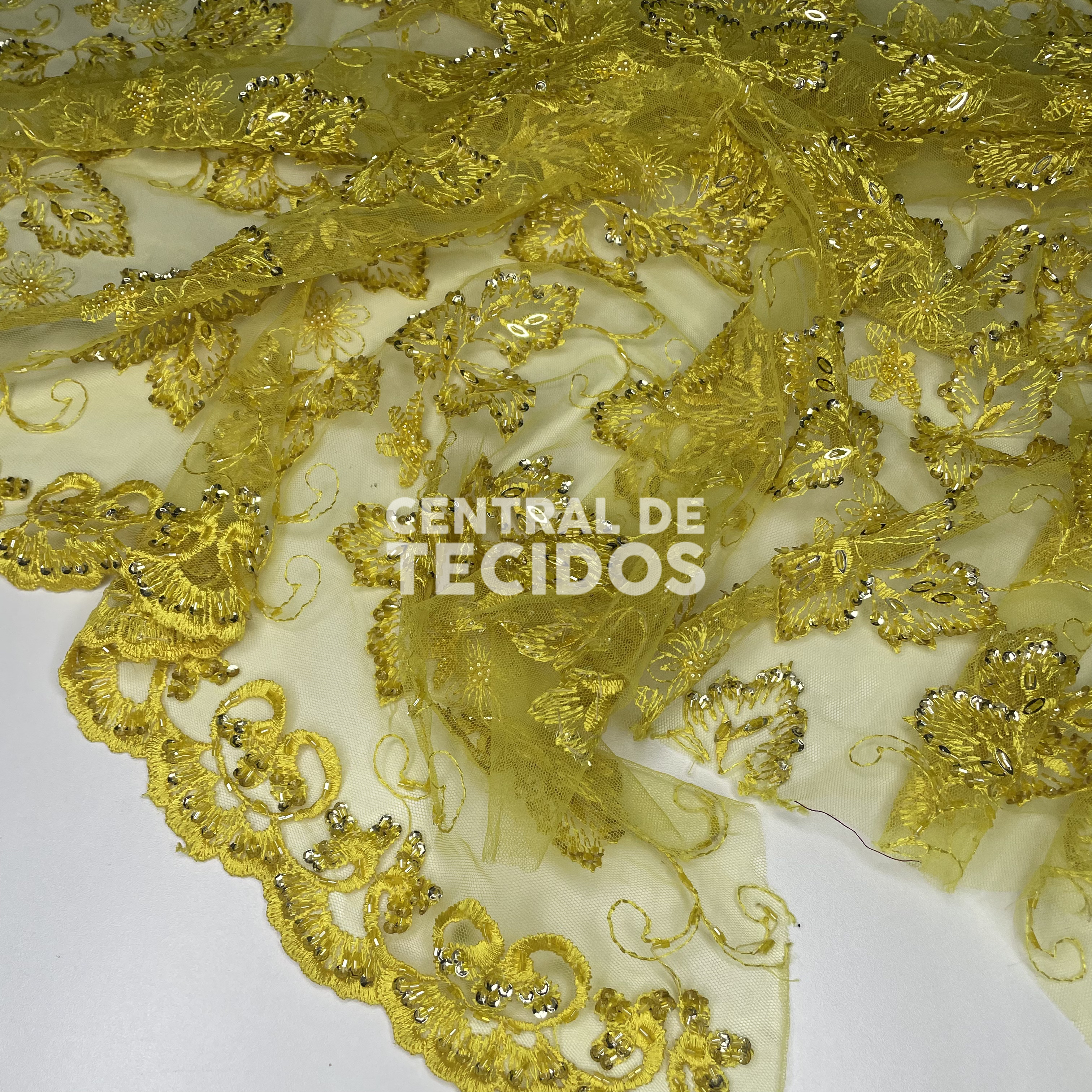 Tule Bordado Pedraria Amarelo Ouro