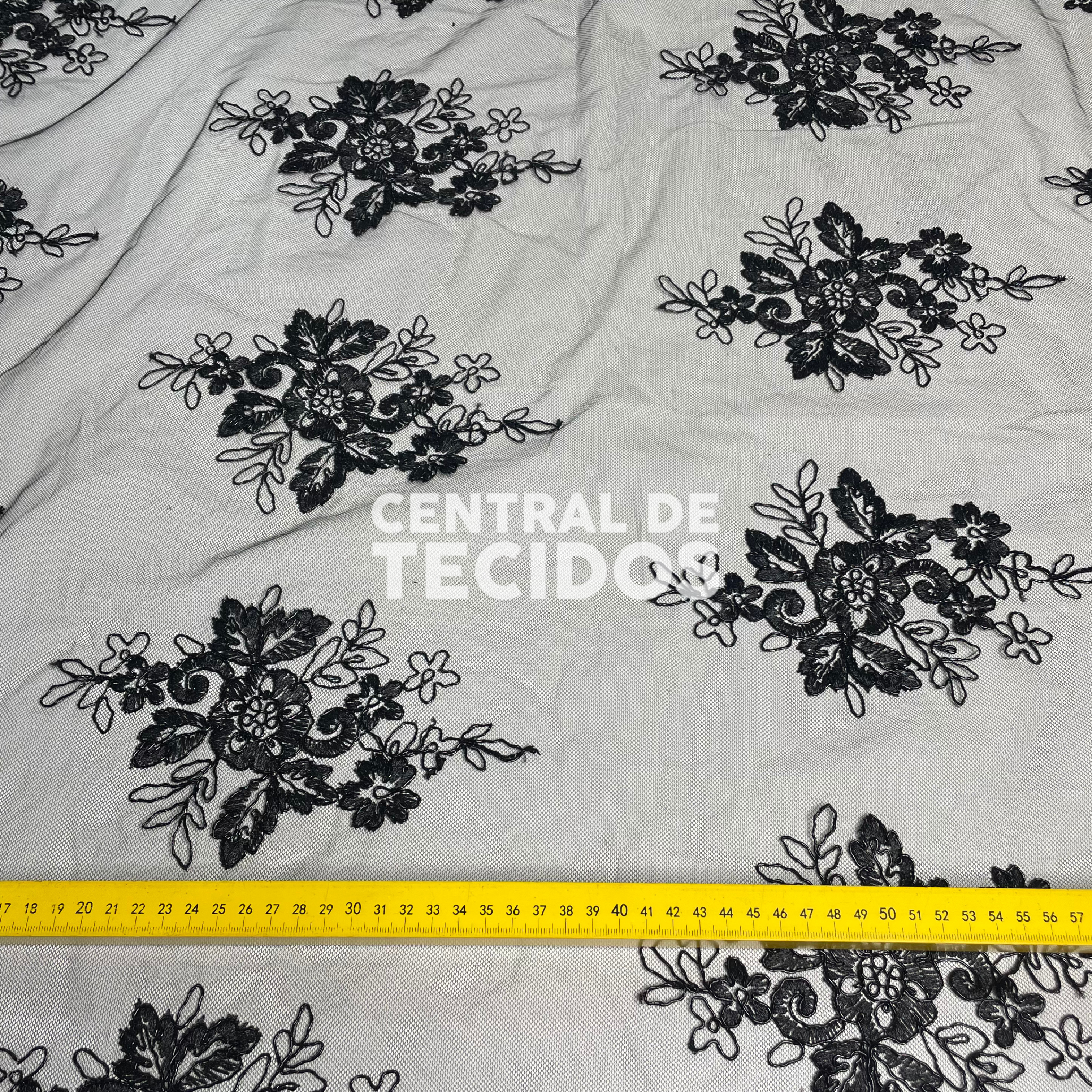 Tule Bordado Metalic Preto Fio Preto