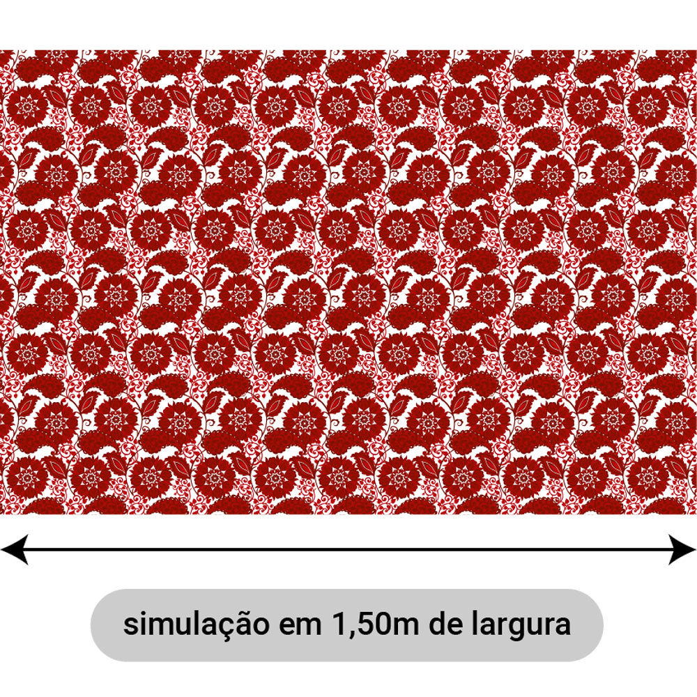 Oxford Digital Floral Arabesco Vermelho Fundo Branco