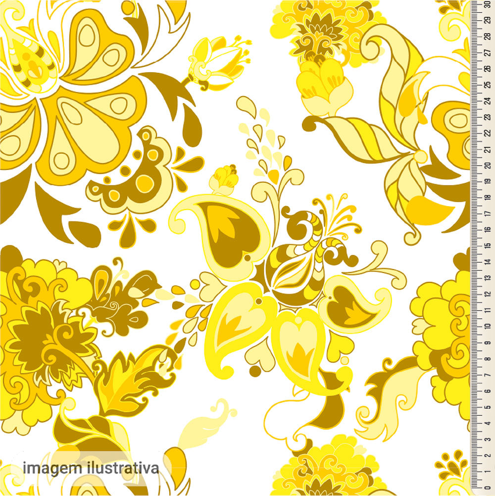 Oxford Digital Folk Paisley Amarelo Fundo Branco