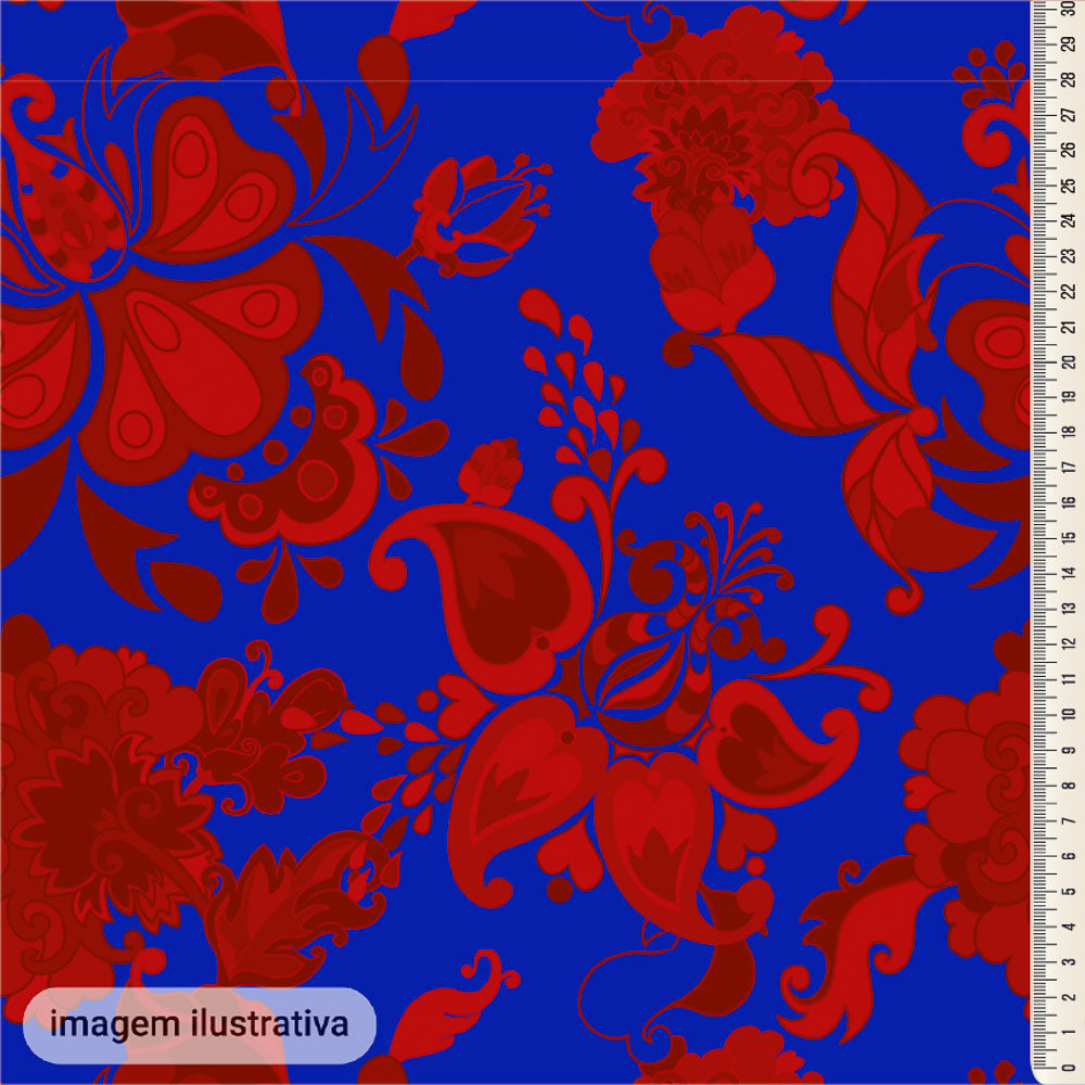 Oxford Digital Folk Paisley Vermelho Fundo Azul