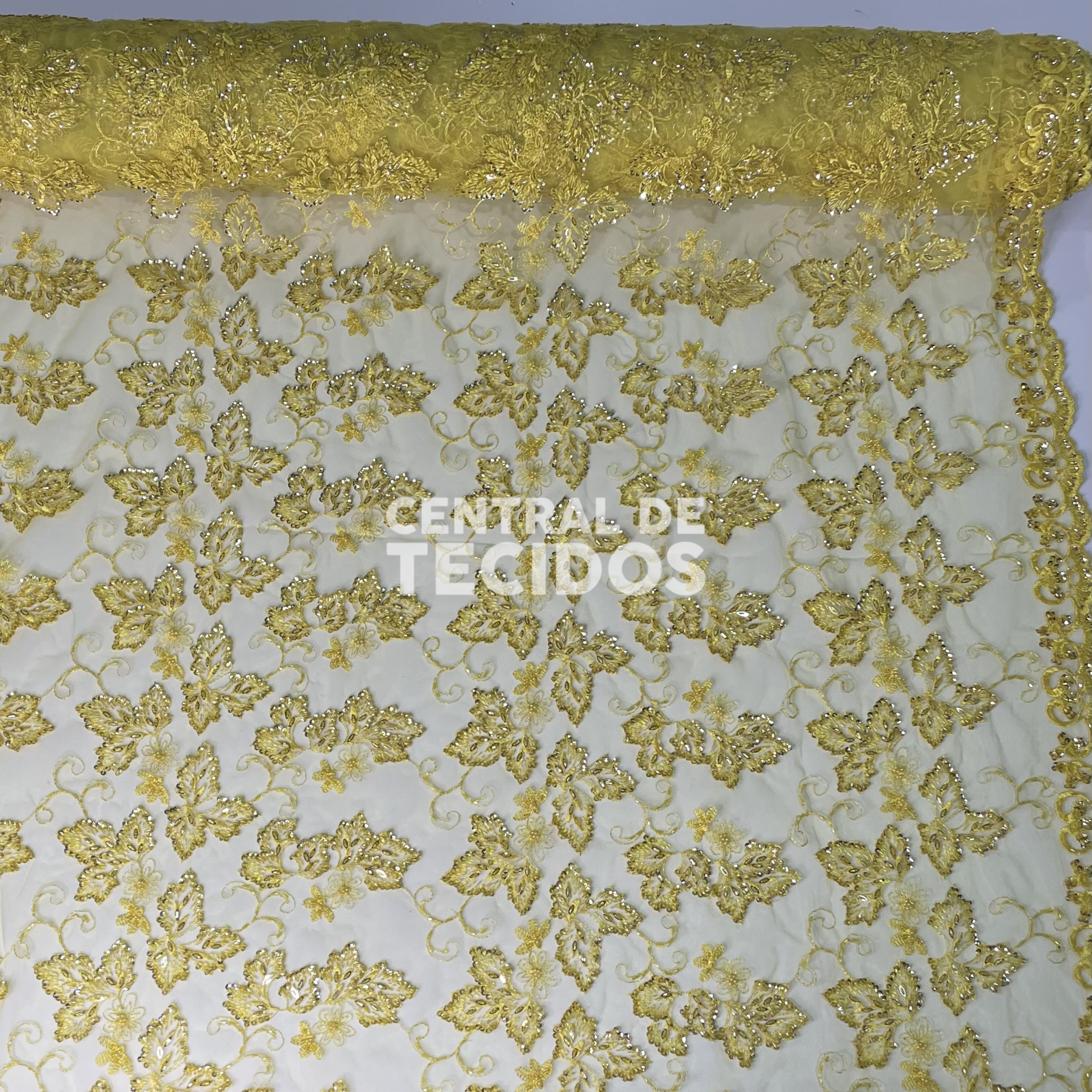 Tule Bordado Pedraria Amarelo Ouro