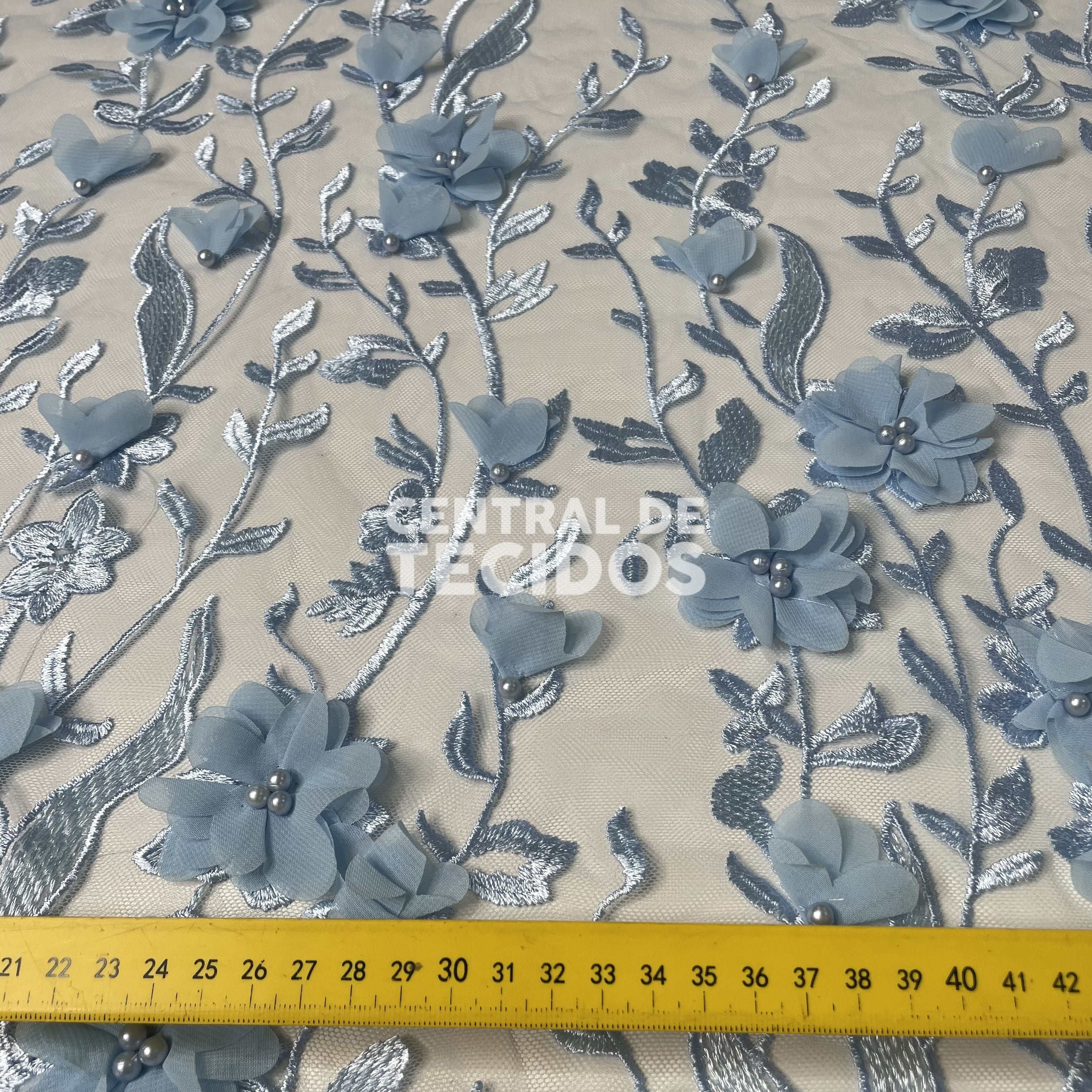 Tule Design Floral 3D Azul Bebê