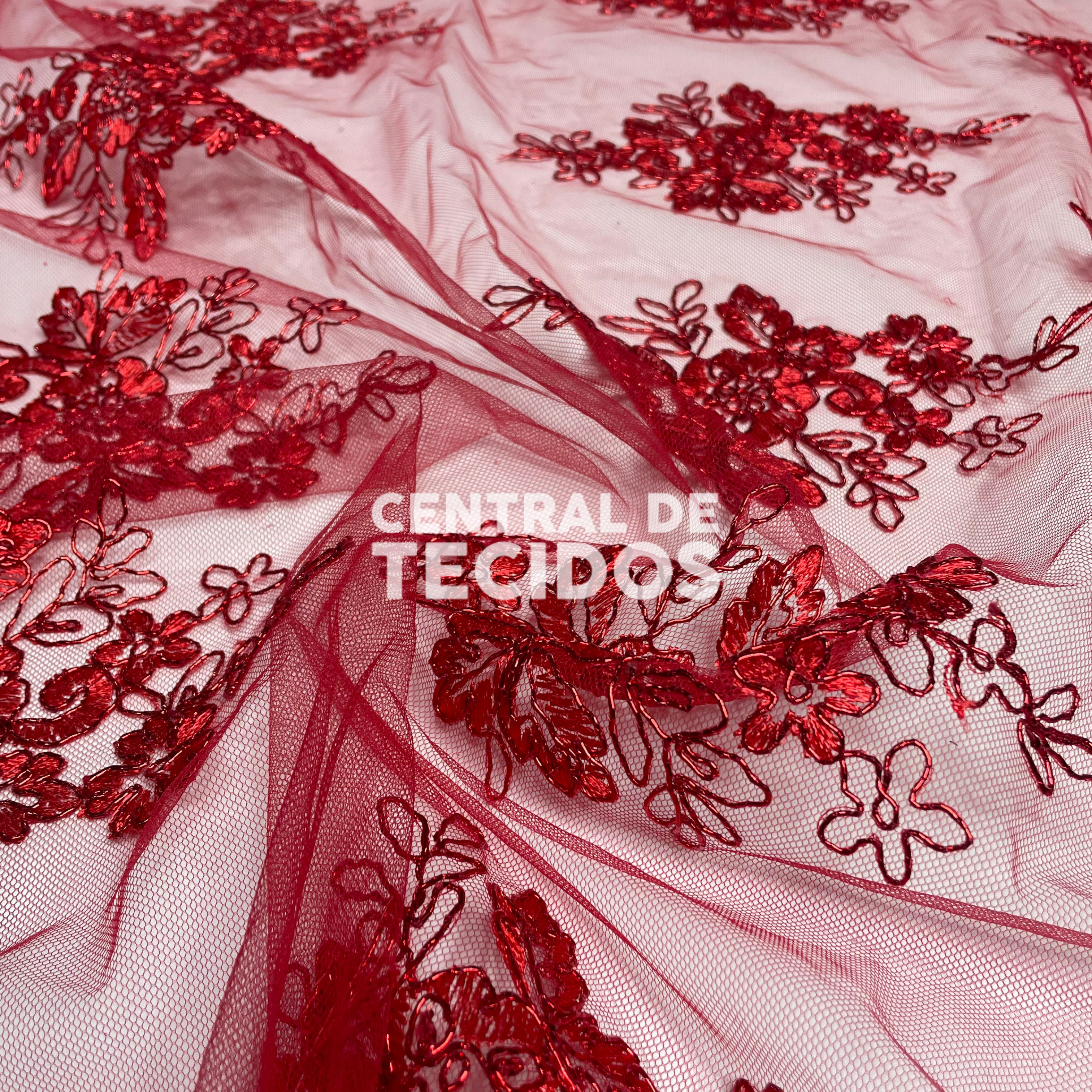 Tule Bordado Metalic Vermelho Fio Vermelho