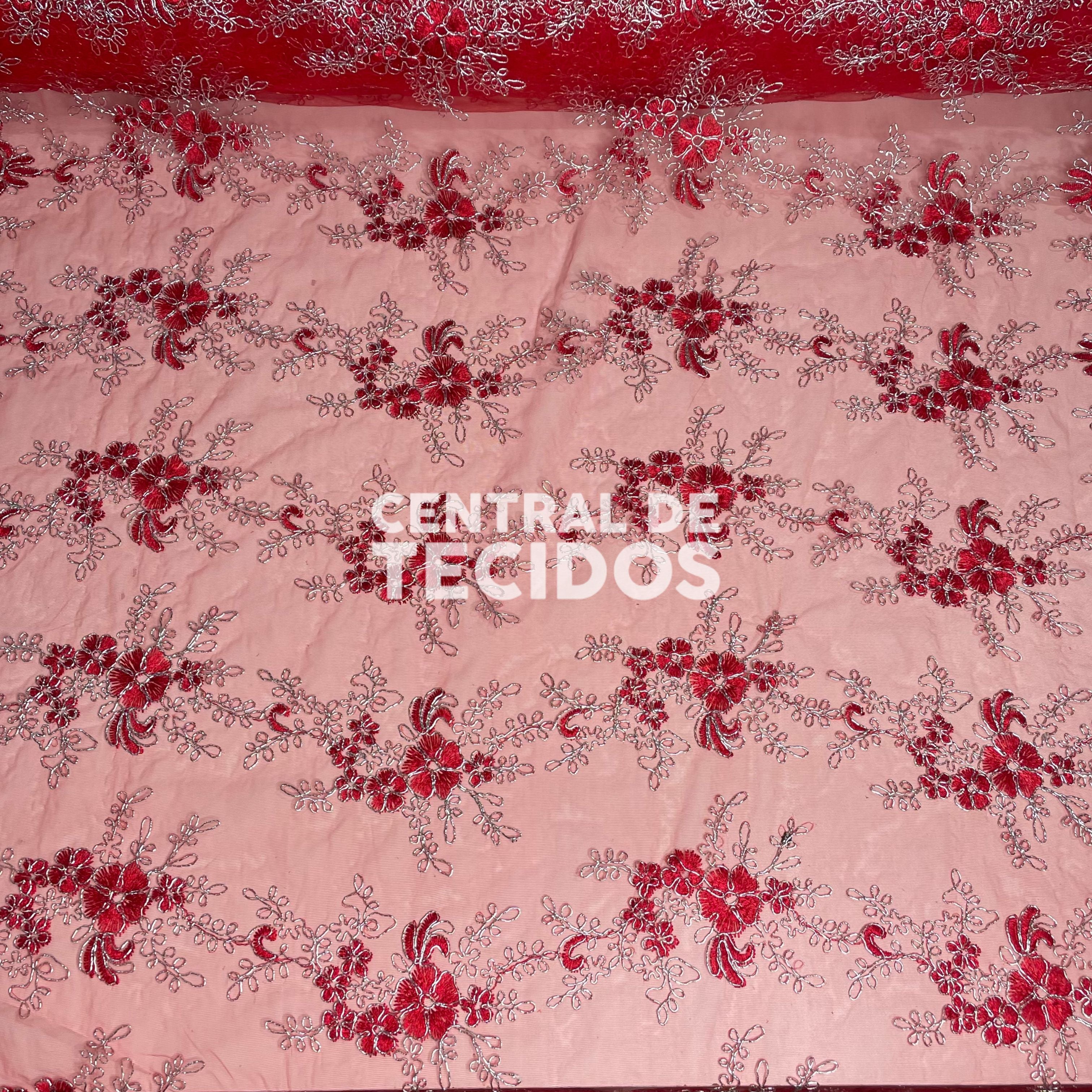 Tule Bordado Metalic Vermelho e Prata