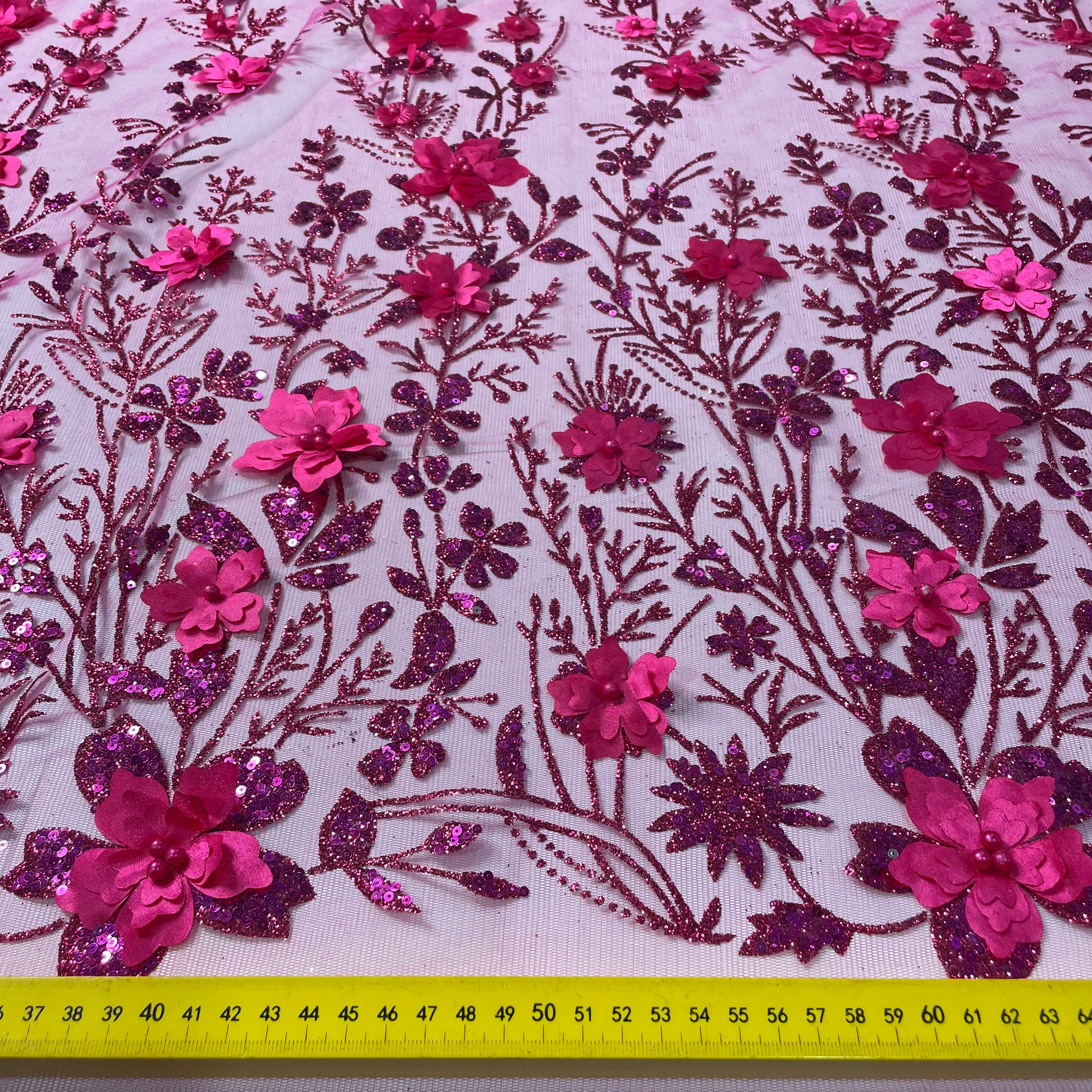 Tule Bordado Glitter 3D Floral Pérola Rosa Choque