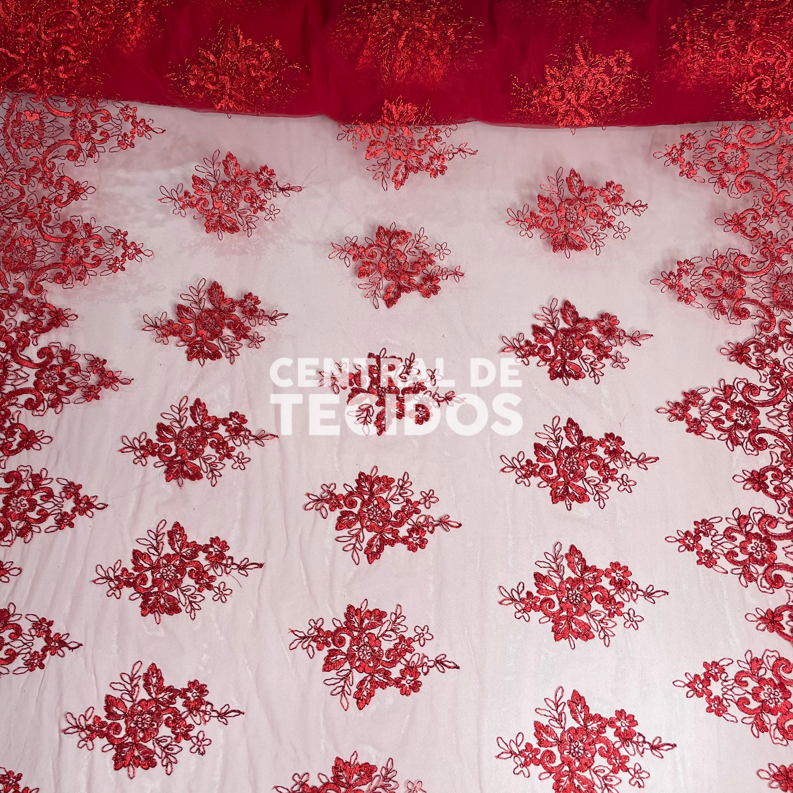 Tule Bordado Metalic Vermelho Fio Vermelho