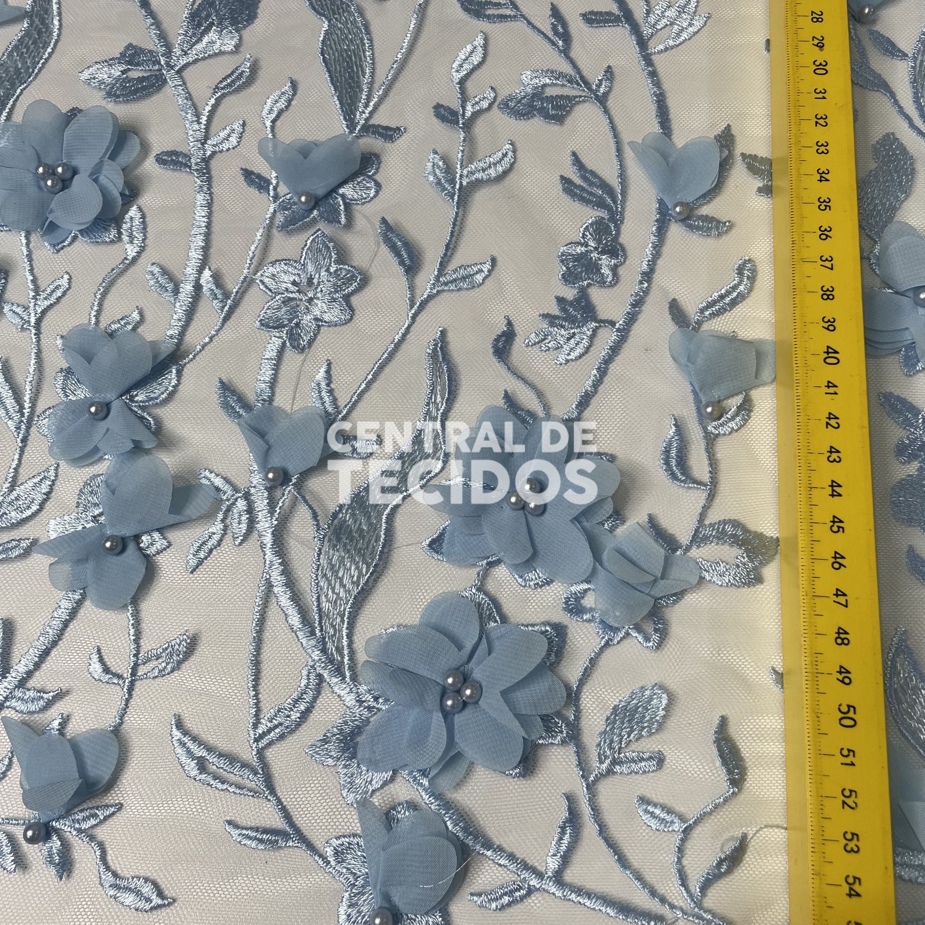 Tule Design Floral 3D Azul Bebê