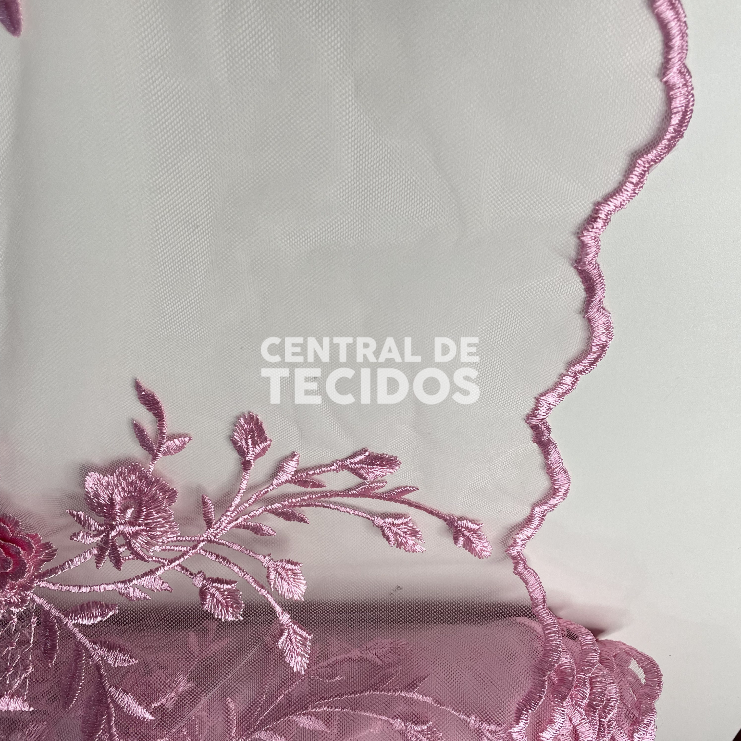 Tule Bordado 3D Floral Rosa Bebê