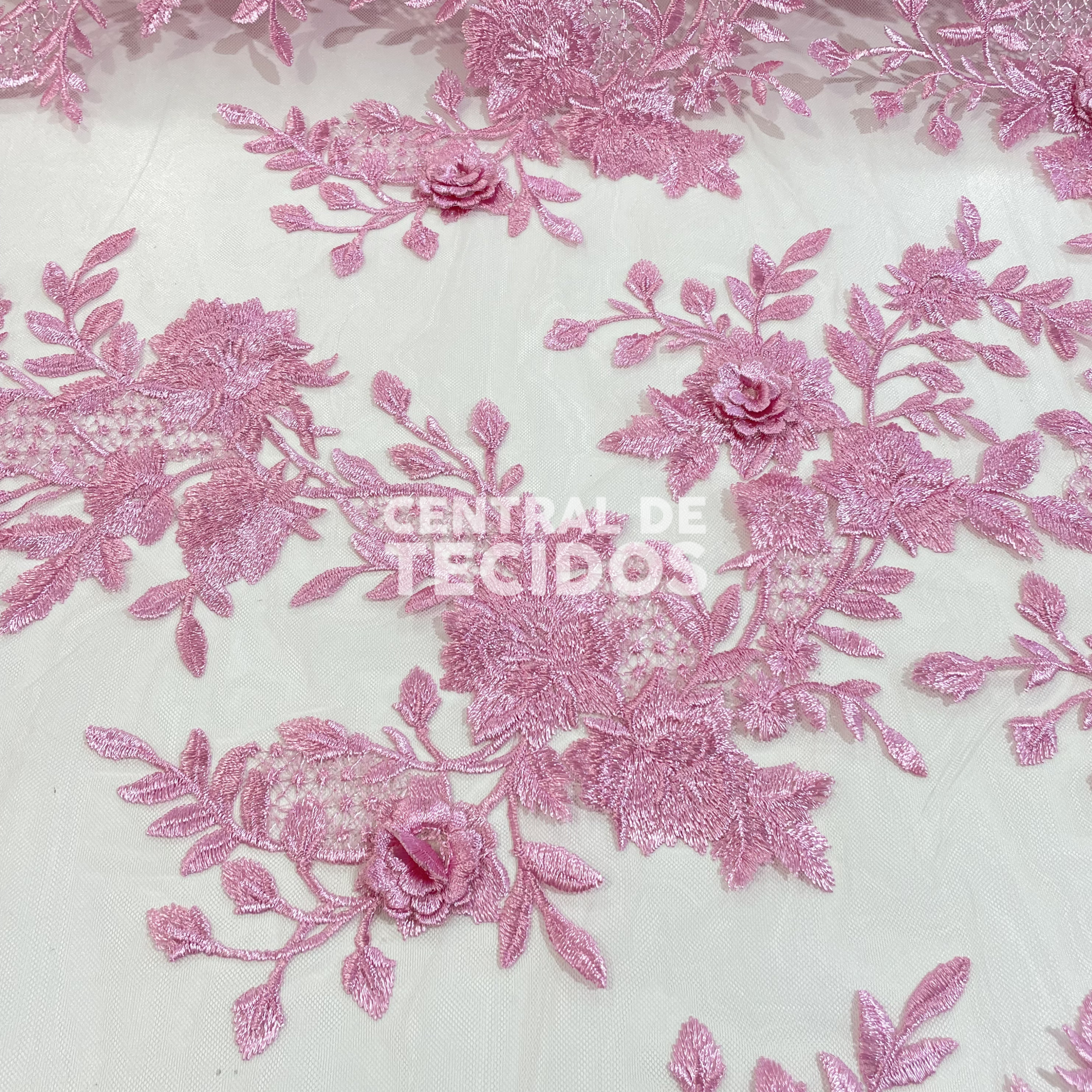 Tule Bordado 3D Floral Rosa Bebê
