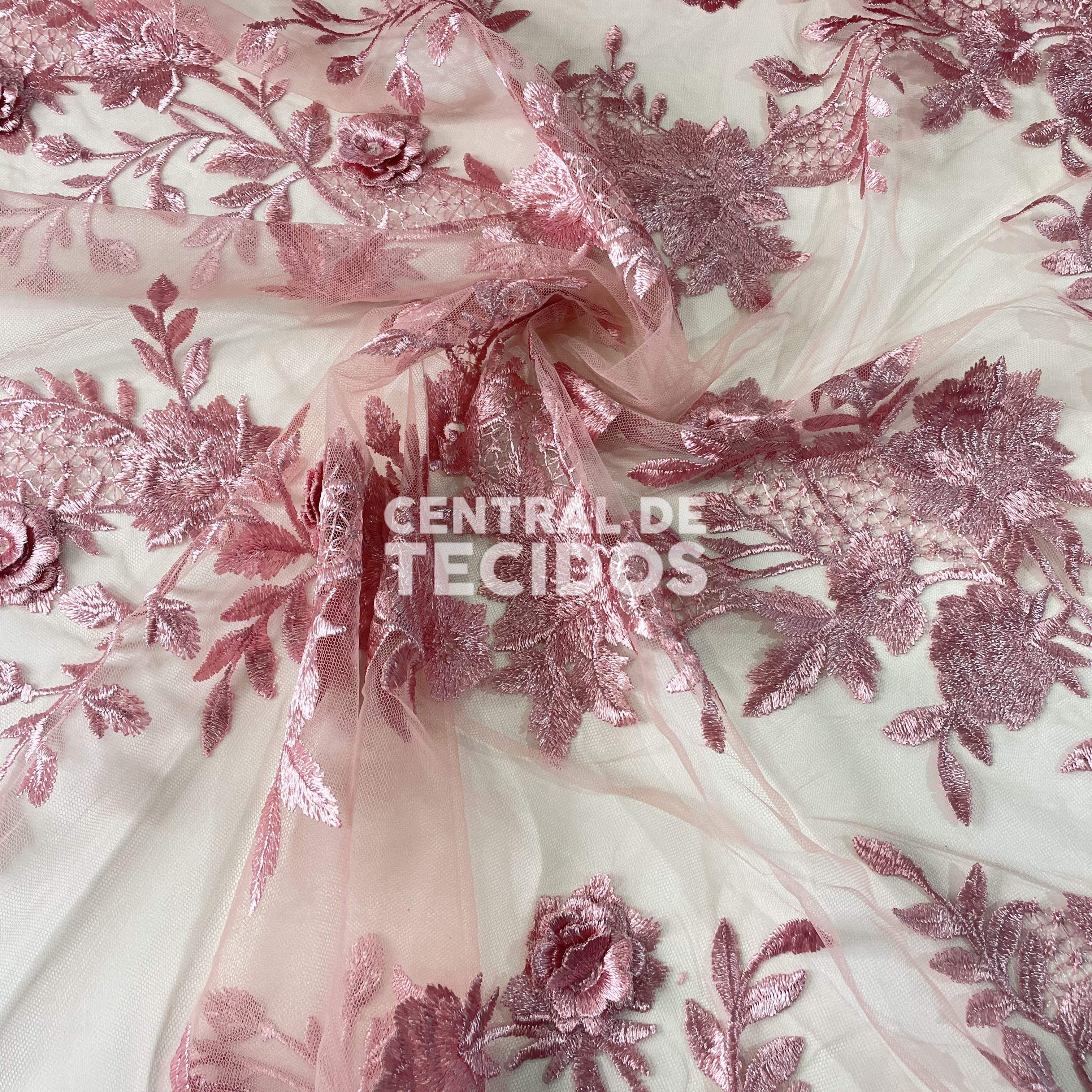 Tule Bordado 3D Floral Rosa Antigo
