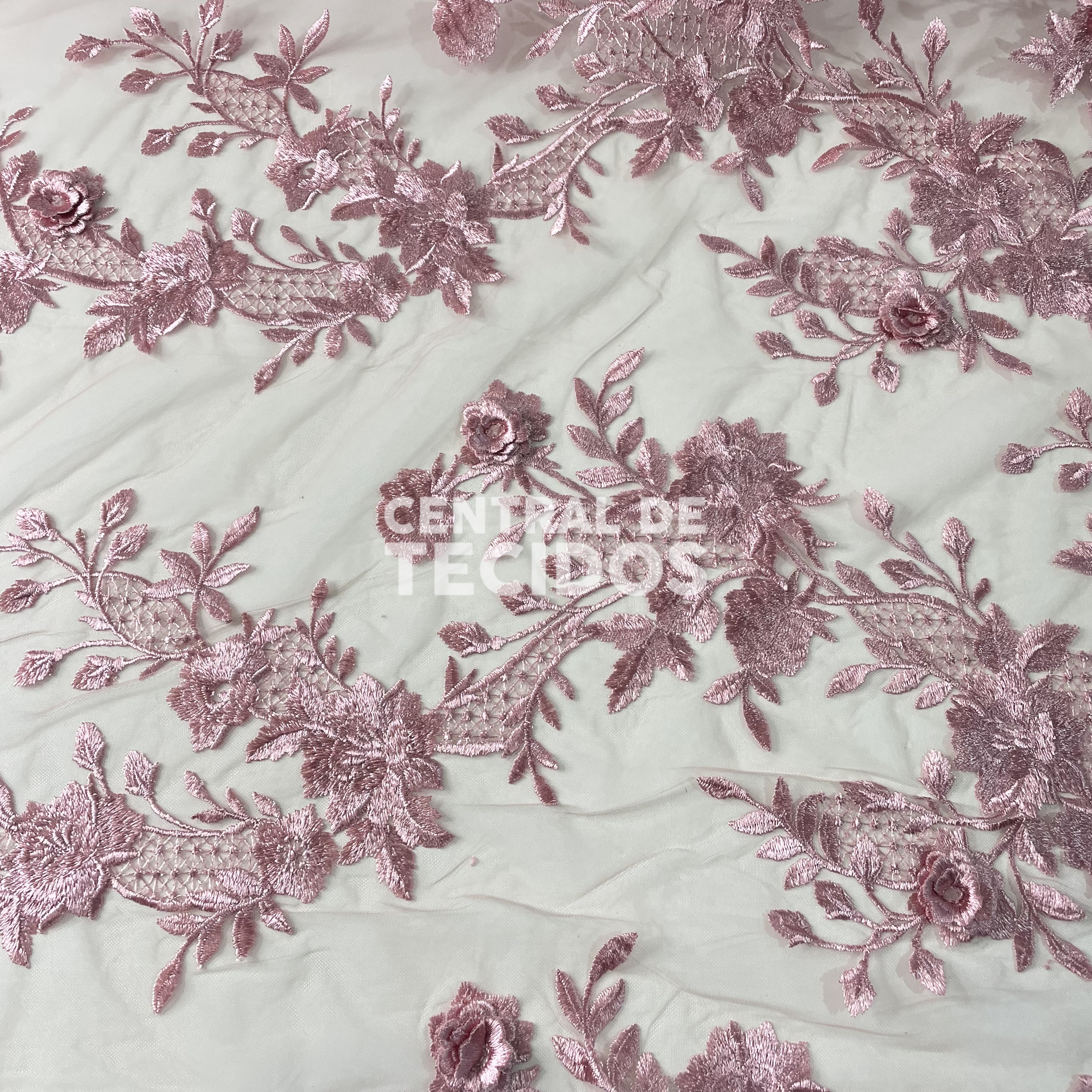 Tule Bordado 3D Floral Rosa Antigo