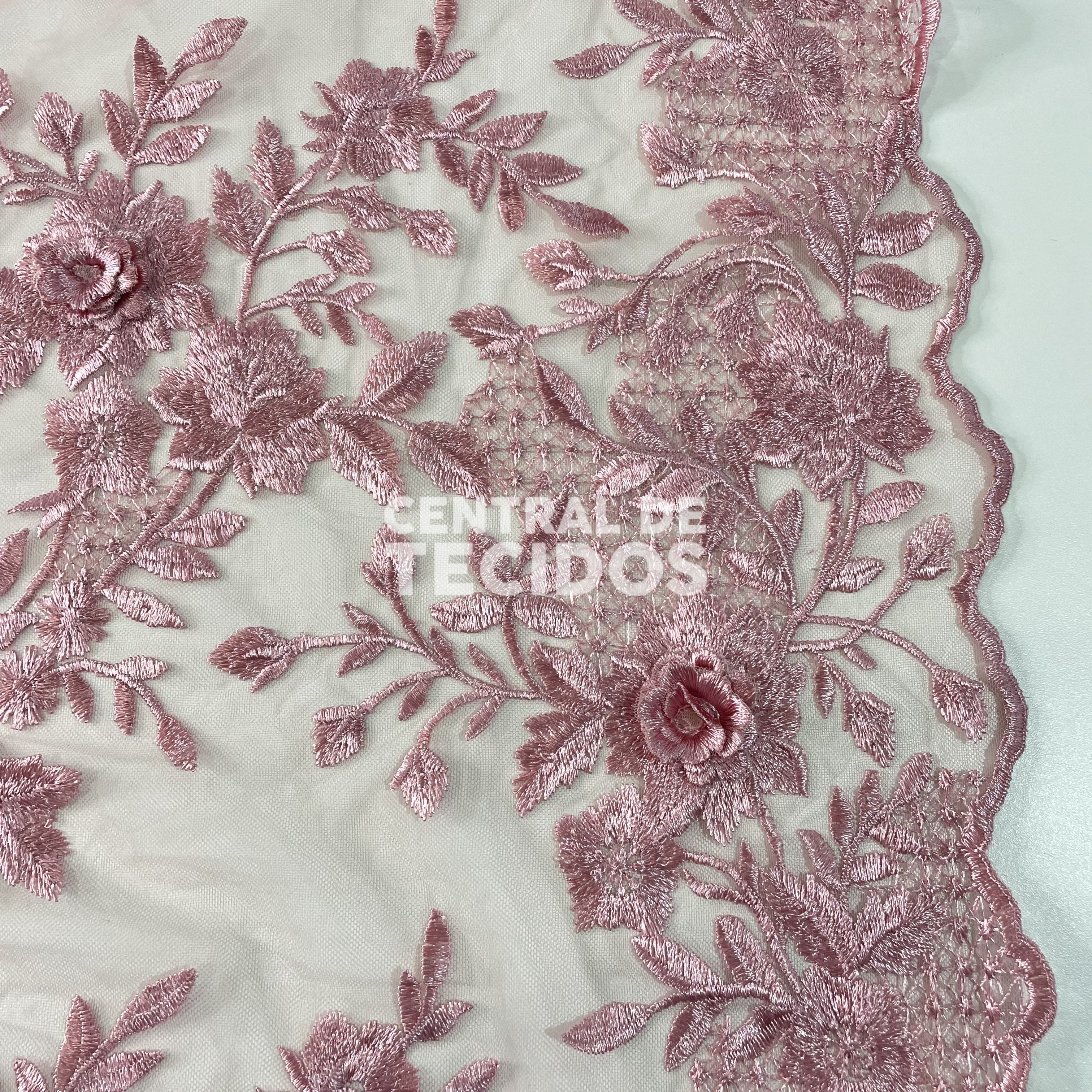 Tule Bordado 3D Floral Rosa Antigo
