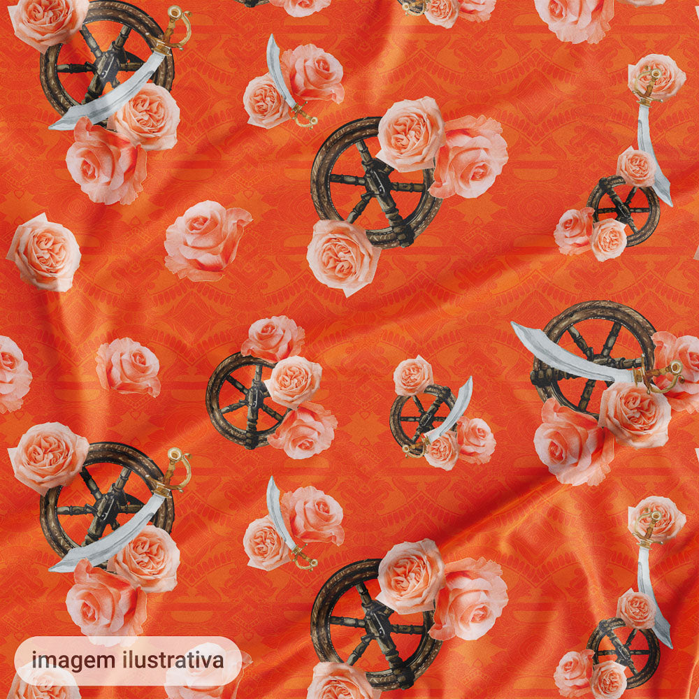 Oxford Digital Obá Espadas e Flores Rosa Fundo Laranja