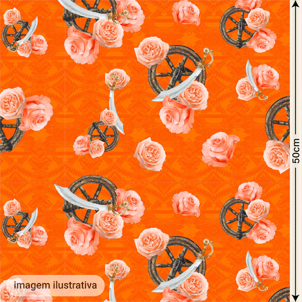 Oxford Digital Obá Espadas e Flores Rosa Fundo Laranja