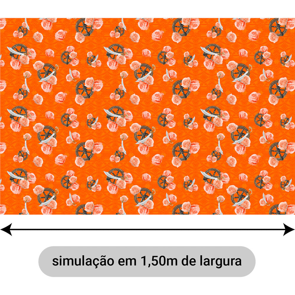 Oxford Digital Obá Espadas e Flores Rosa Fundo Laranja