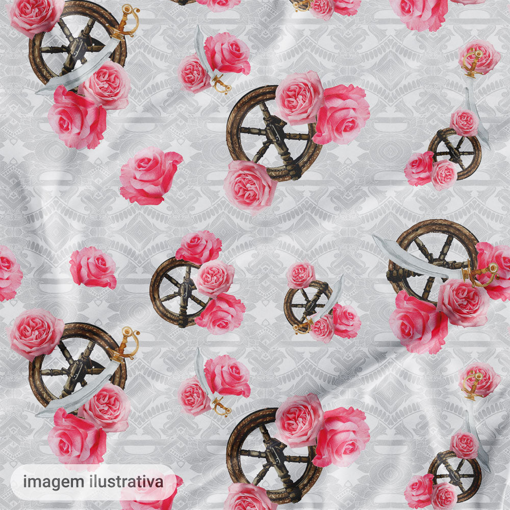 Oxford Digital Obá Espadas e Flores Rosa Fundo Branco