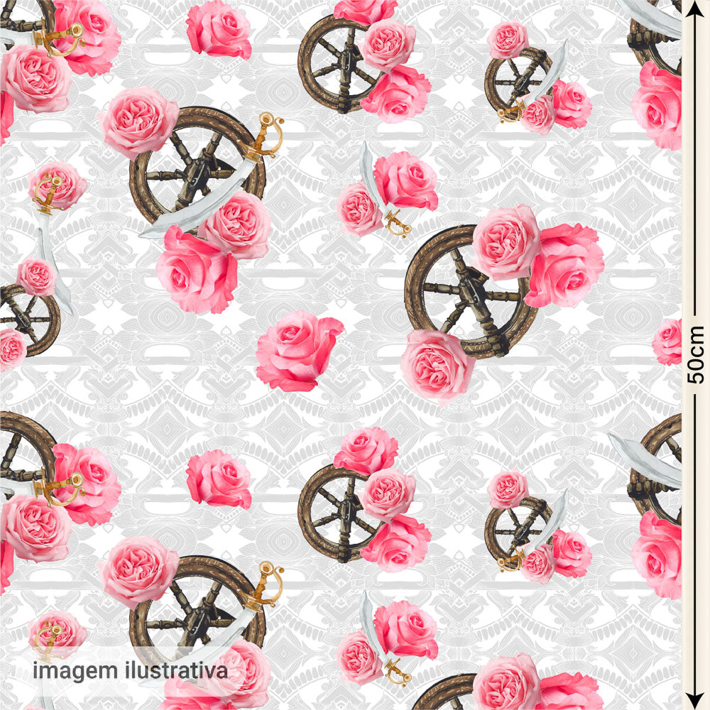 Oxford Digital Obá Espadas e Flores Rosa Fundo Branco