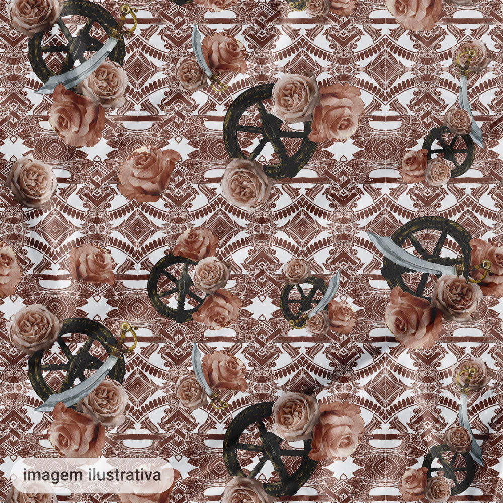 Oxford Digital Obá Espadas e Flores Rosa Fundo Marrom