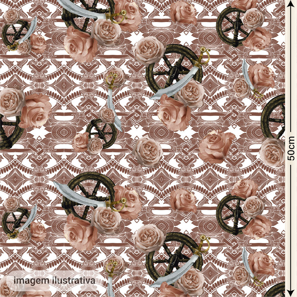 Oxford Digital Obá Espadas e Flores Rosa Fundo Marrom