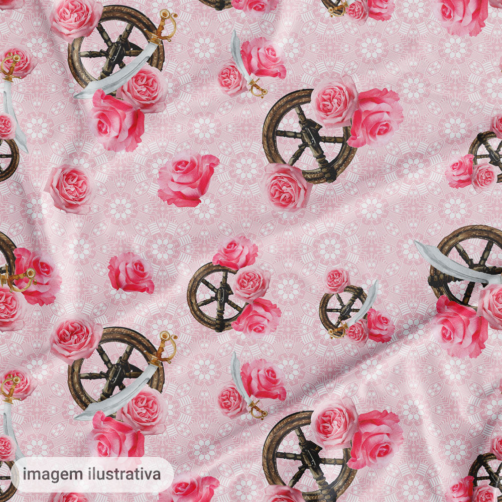 Oxford Digital Espadas e Flores Rosa Fundo Rosa Mandalas