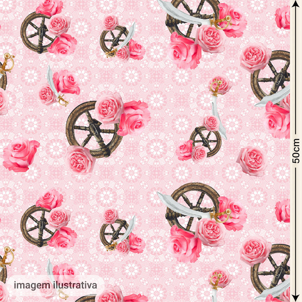 Oxford Digital Espadas e Flores Rosa Fundo Rosa Mandalas