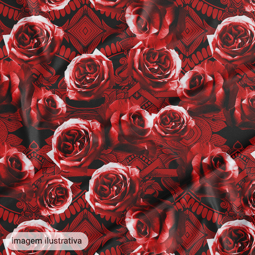 Oxford Digital Arabesco Rosas Vermelhas Fundo Preto