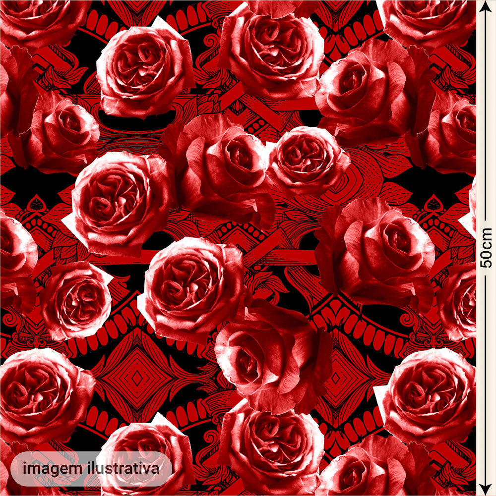 Oxford Digital Arabesco Rosas Vermelhas Fundo Preto