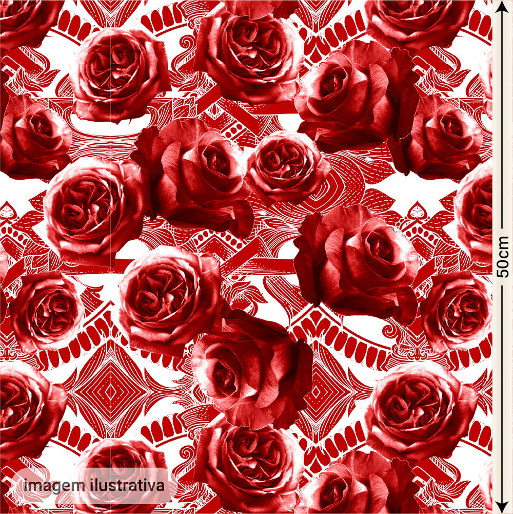 Oxford Digital Arabesco Rosas Vermelhas Fundo Branco