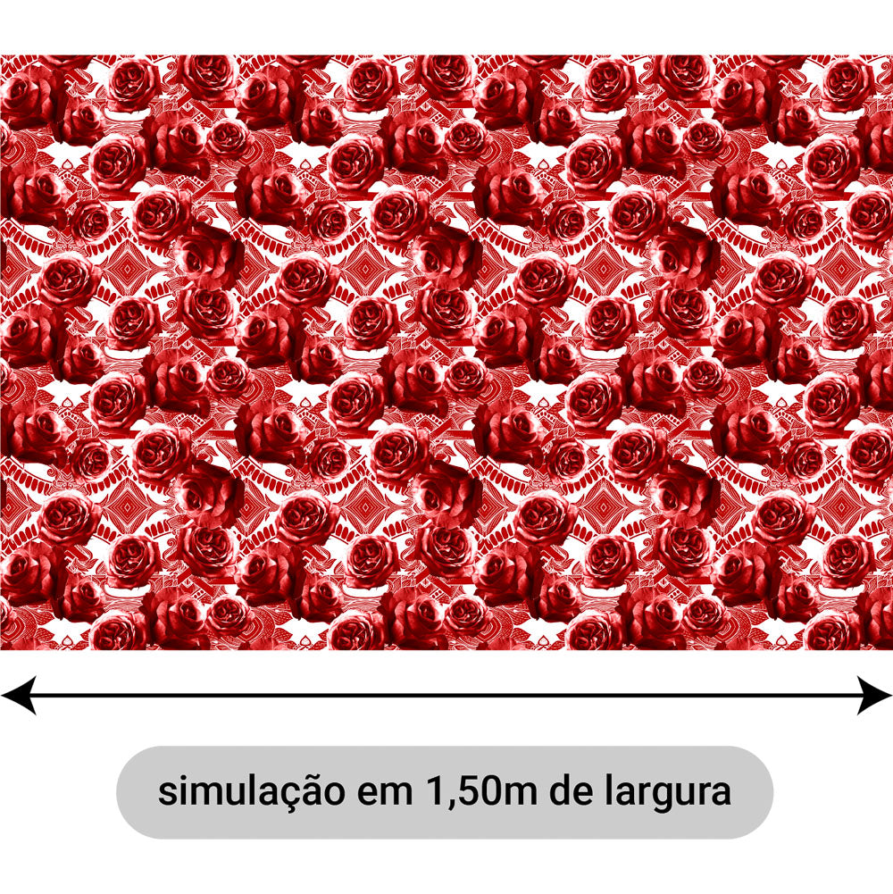 Oxford Digital Arabesco Rosas Vermelhas Fundo Branco