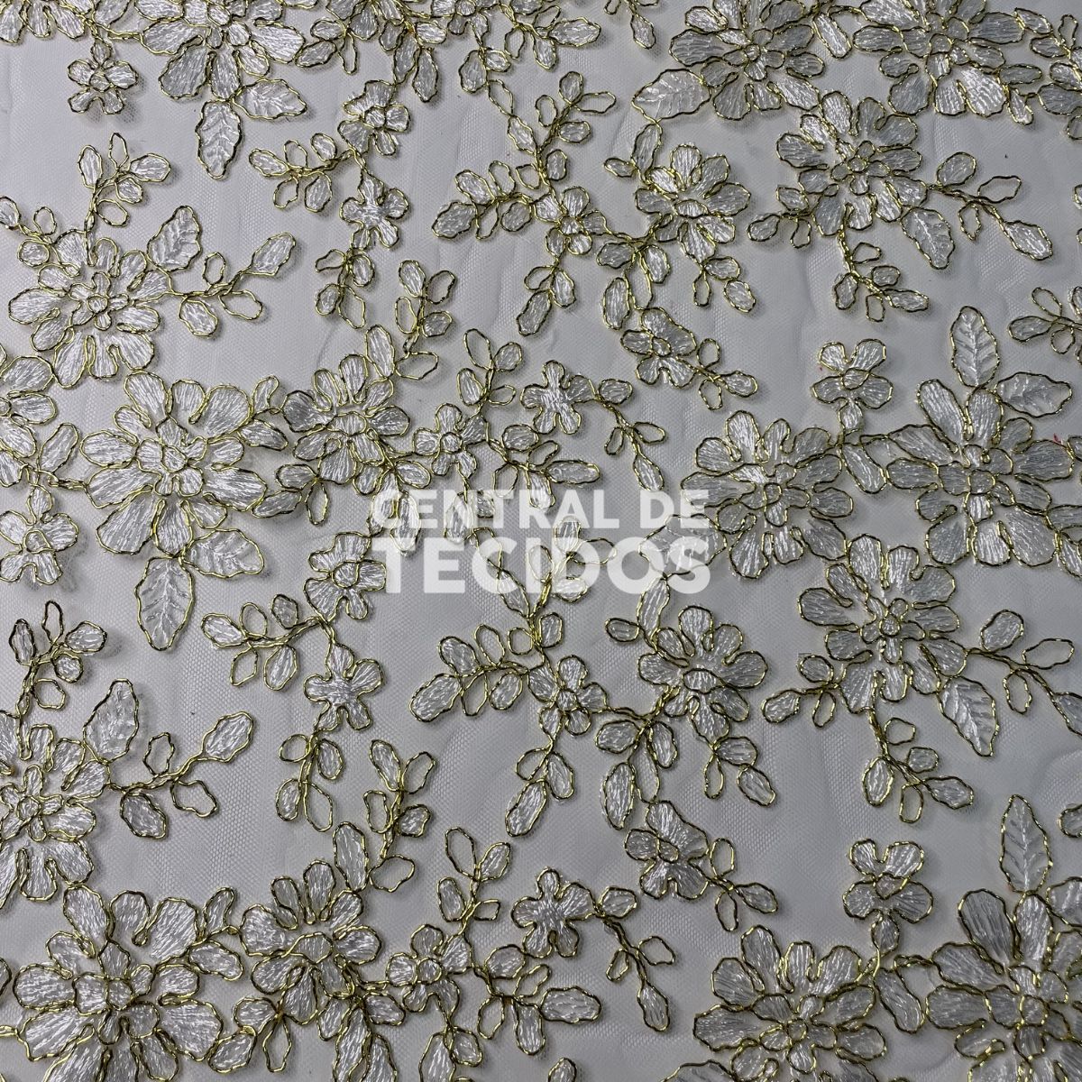 Tule Bordado Metálico GODESS 555 Branco e Dourado