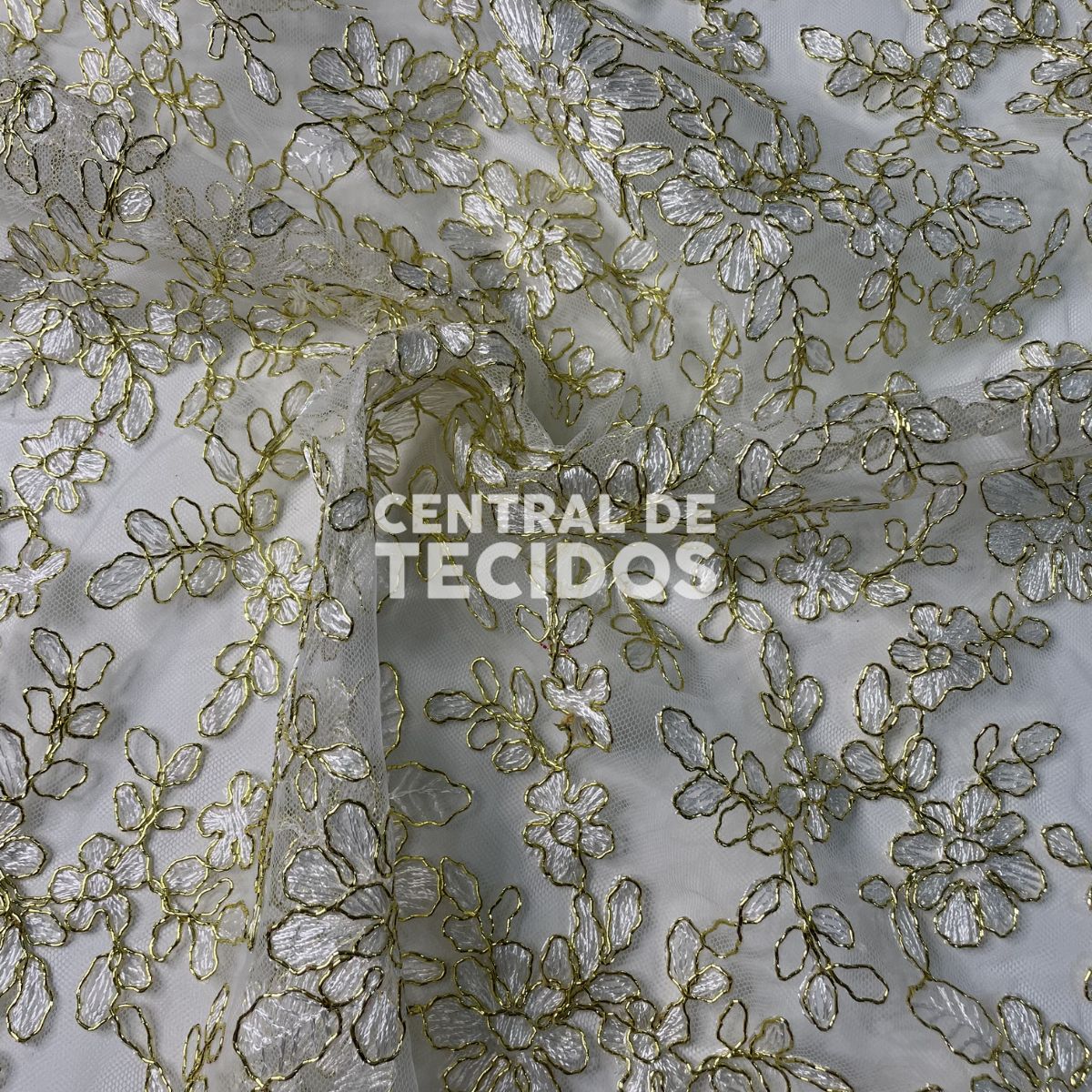 Tule Bordado Metálico GODESS 555 Branco e Dourado