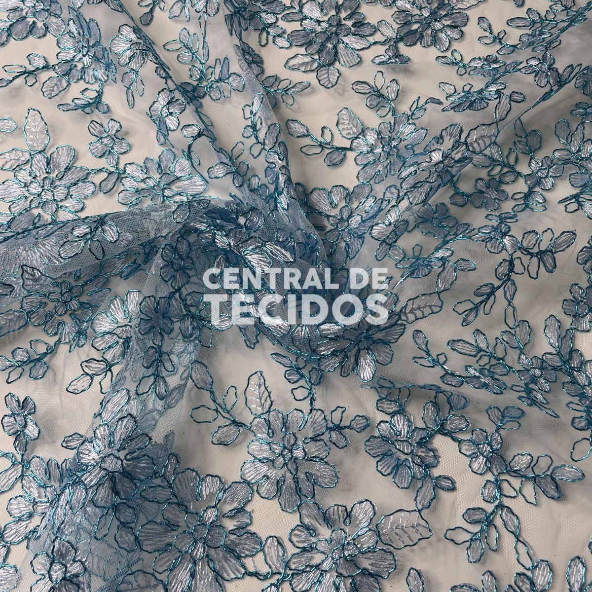 Tule Bordado Metálico GODESS 555 Azul Claro