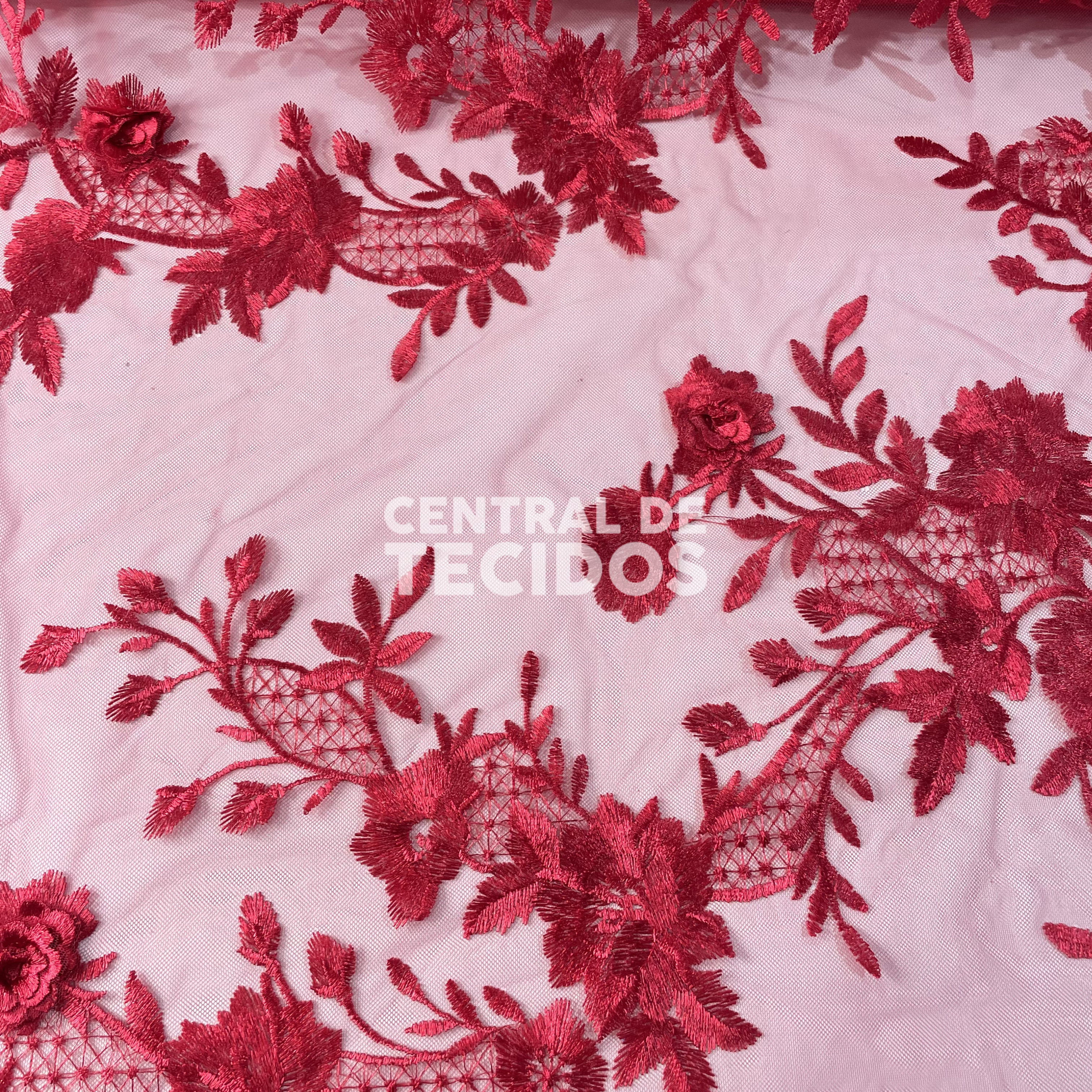 Tule Bordado 3D Floral Vermelho
