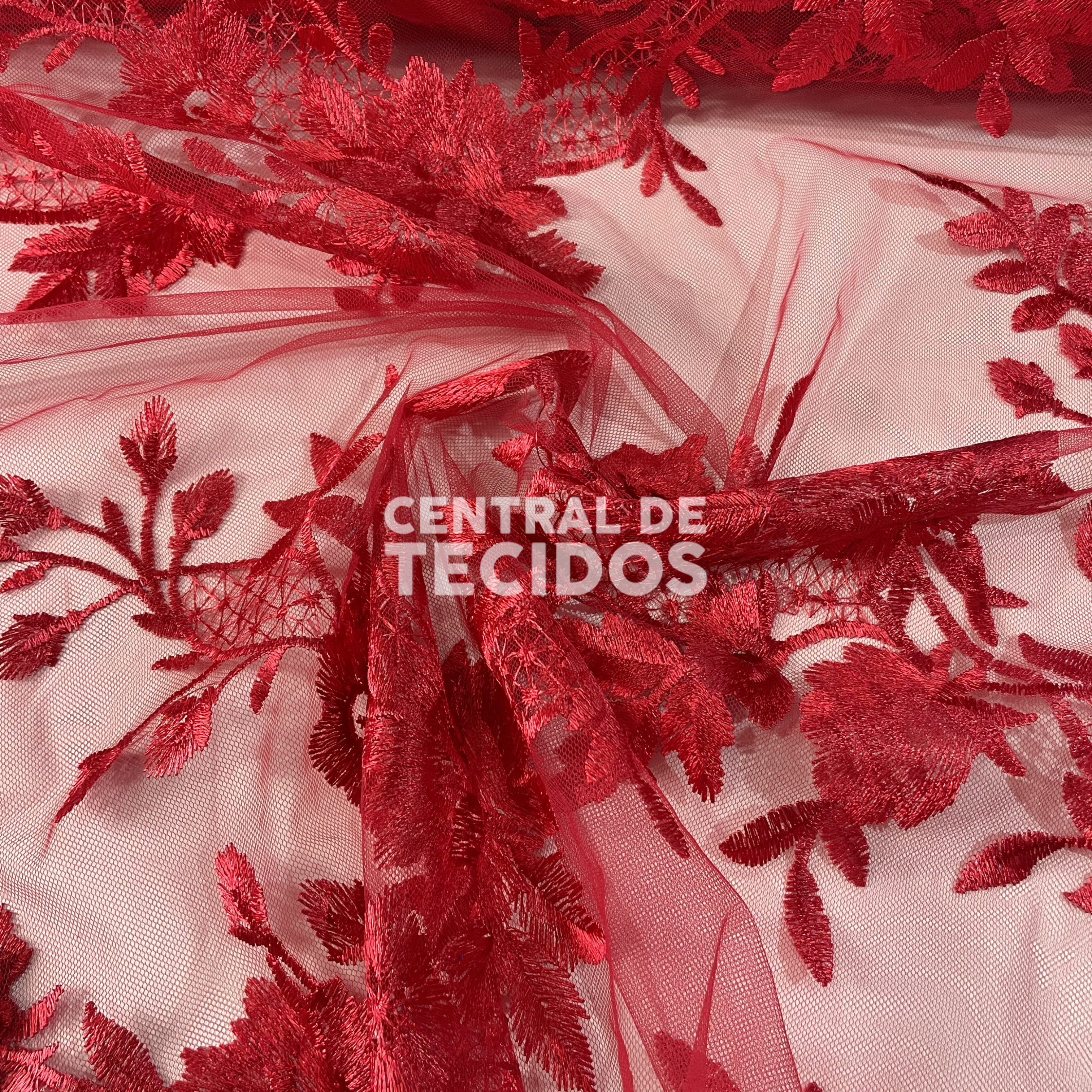 Tule Bordado 3D Floral Vermelho