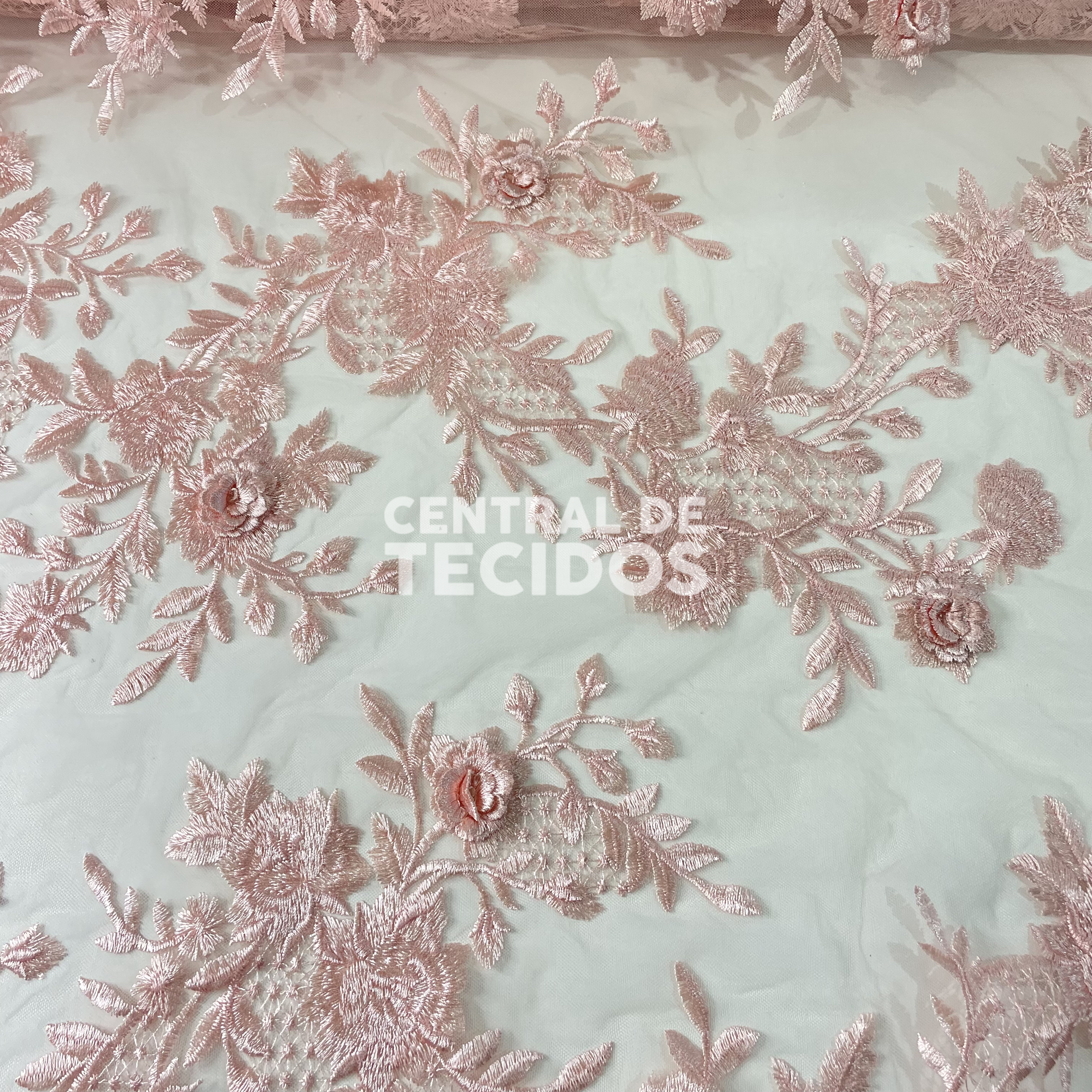 Tule Bordado 3D Floral Rosinha