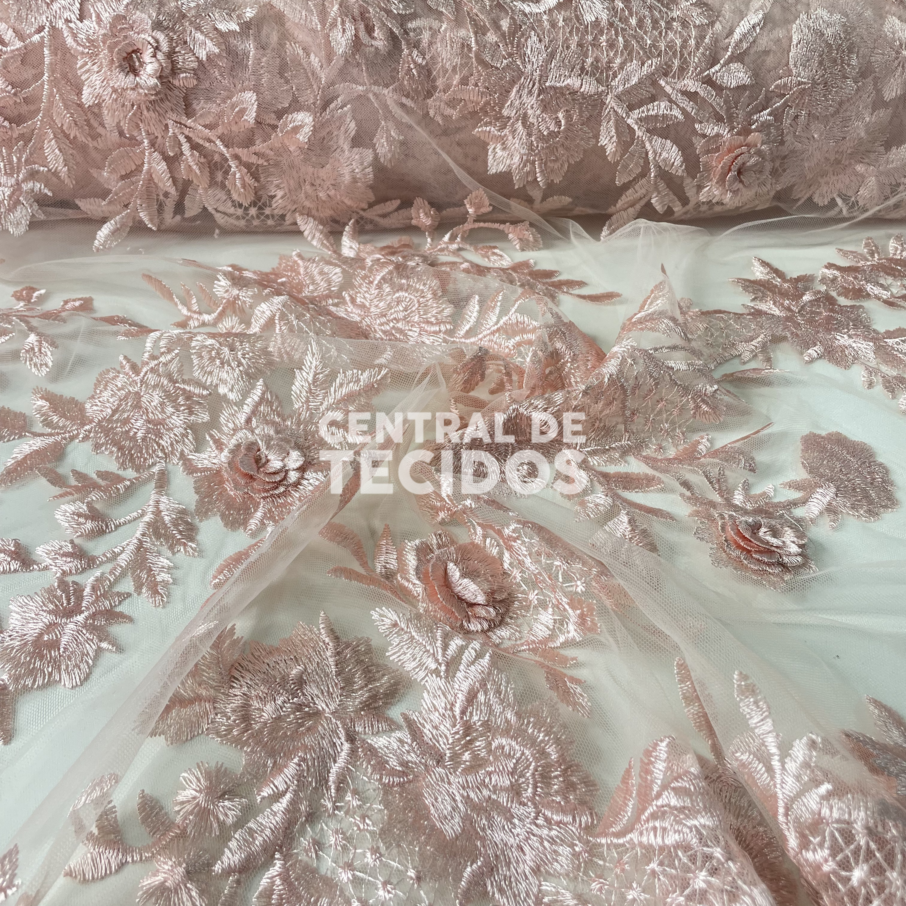 Tule Bordado 3D Floral Rosinha