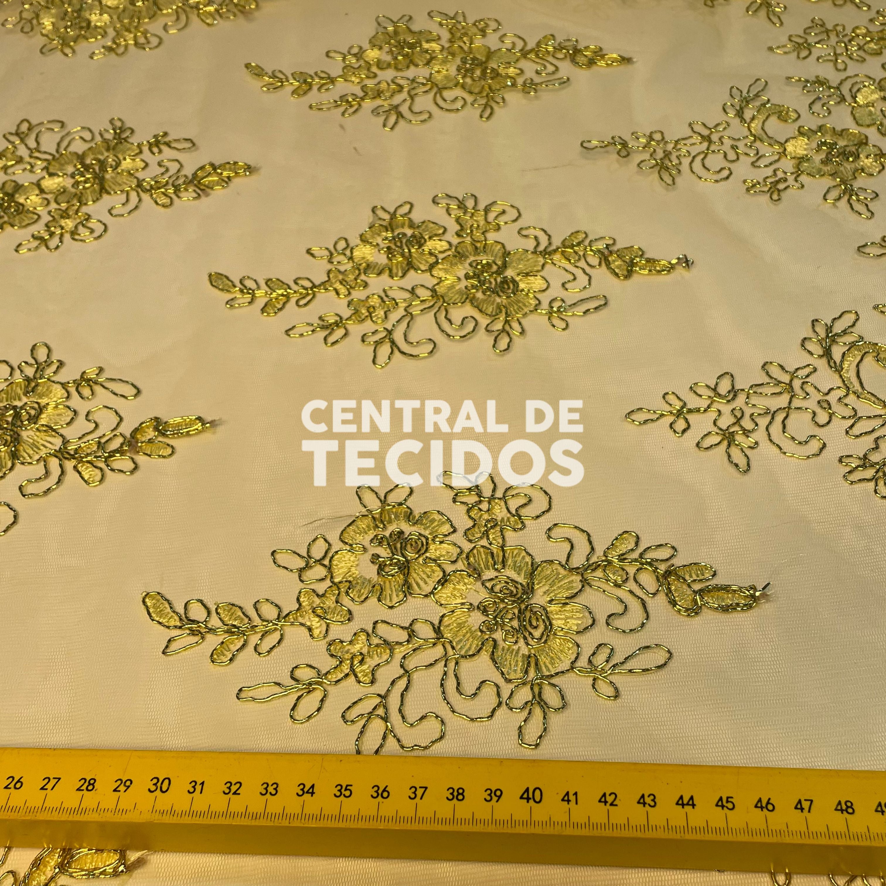 Tule Bordado Metalic Amarelo Ouro